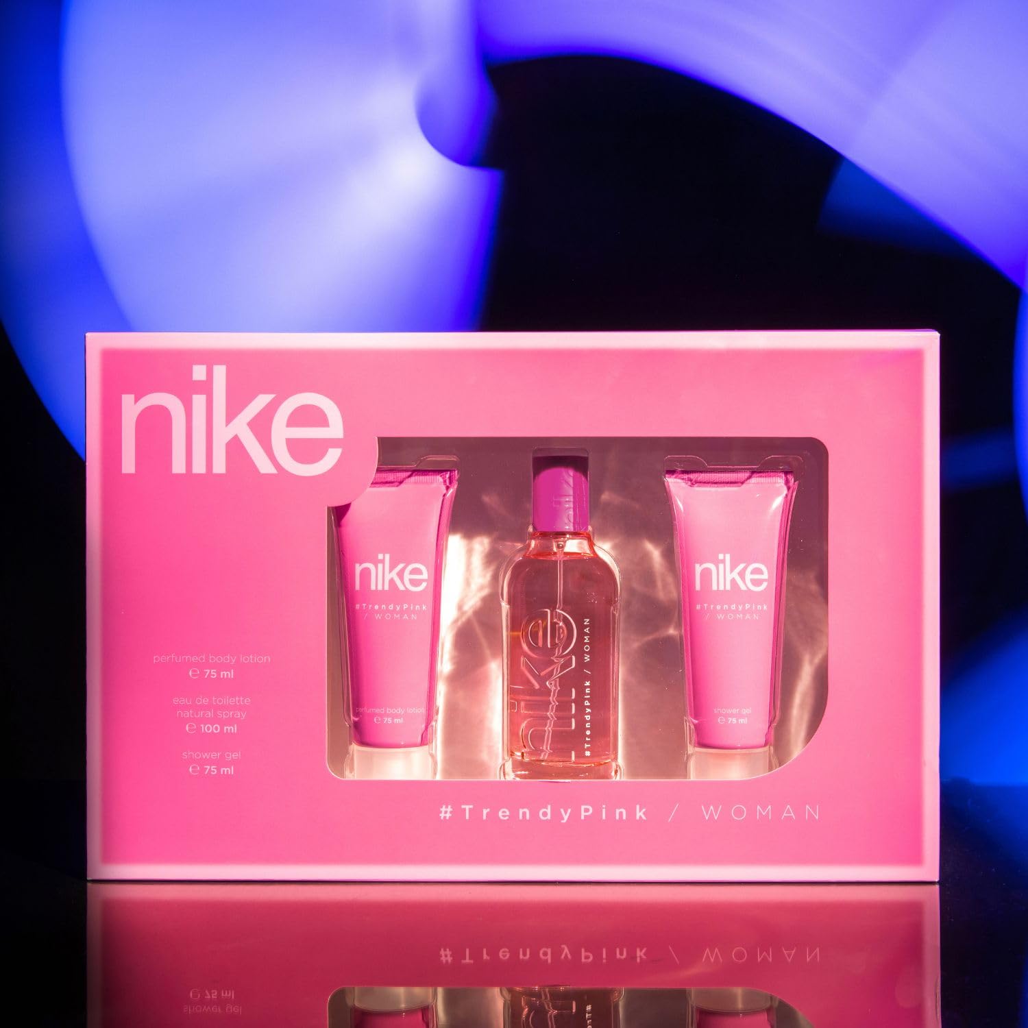 NIKE - Eau de Cologne Trendy Pink 100 ml + Gel Bain 75 ml + Crème Corps 75 ml, Coffret Femme, Eau de Toilette Naturelle et Féminine, Arôme Floral, Parfum Frais, Jeune et Longue Durée