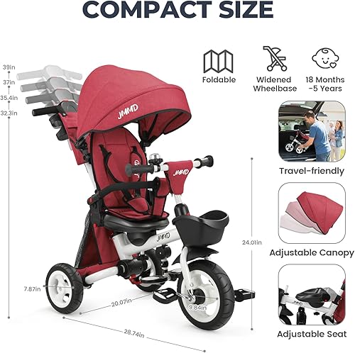 Miniatura 3 de JMMD Cochecito de triciclo 8 en 1 con asa de empuje, triciclo plegable con asiento giratorio de 360, respaldo reclinable, ruedas todo terreno,
