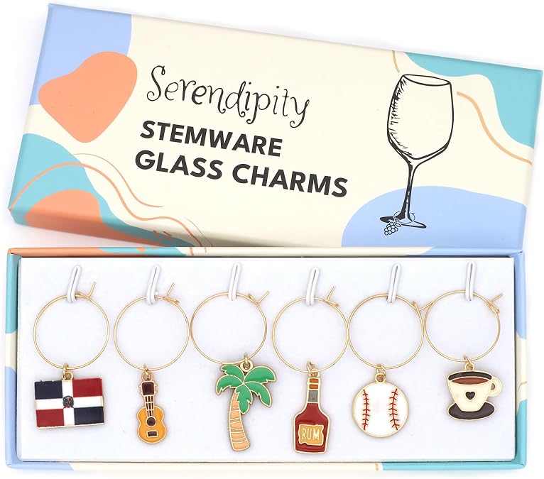 Dominican Republic Wine Charms, Dominican Gift, Dominican Table Decor, Set Includes 6 Charms: Dominican Republic Flag, Palm Tree, Coffee, Baseball, Rum, Guitar, Packaged in a Gift Box