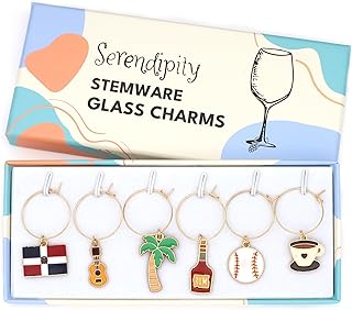 Dominican Republic Wine Charms, Dominican Gift, Dominican Table Decor, Set Includes 6 Charms: Dominican Republic Flag, Palm Tree, Coffee, Baseball, Rum, Guitar, Packaged in a Gift Box