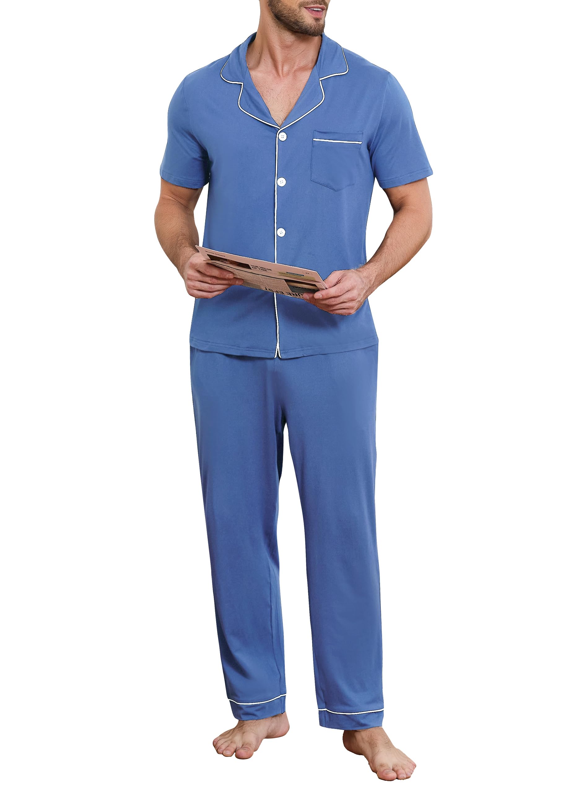 Lovasy Schlafanzug Herren Lang Baumwolle Pyjama Set mit Knöpfen Kurzarm Schlafanzüge für Herren Zweiteiliger Loungewear Hausanzug mit Taschen