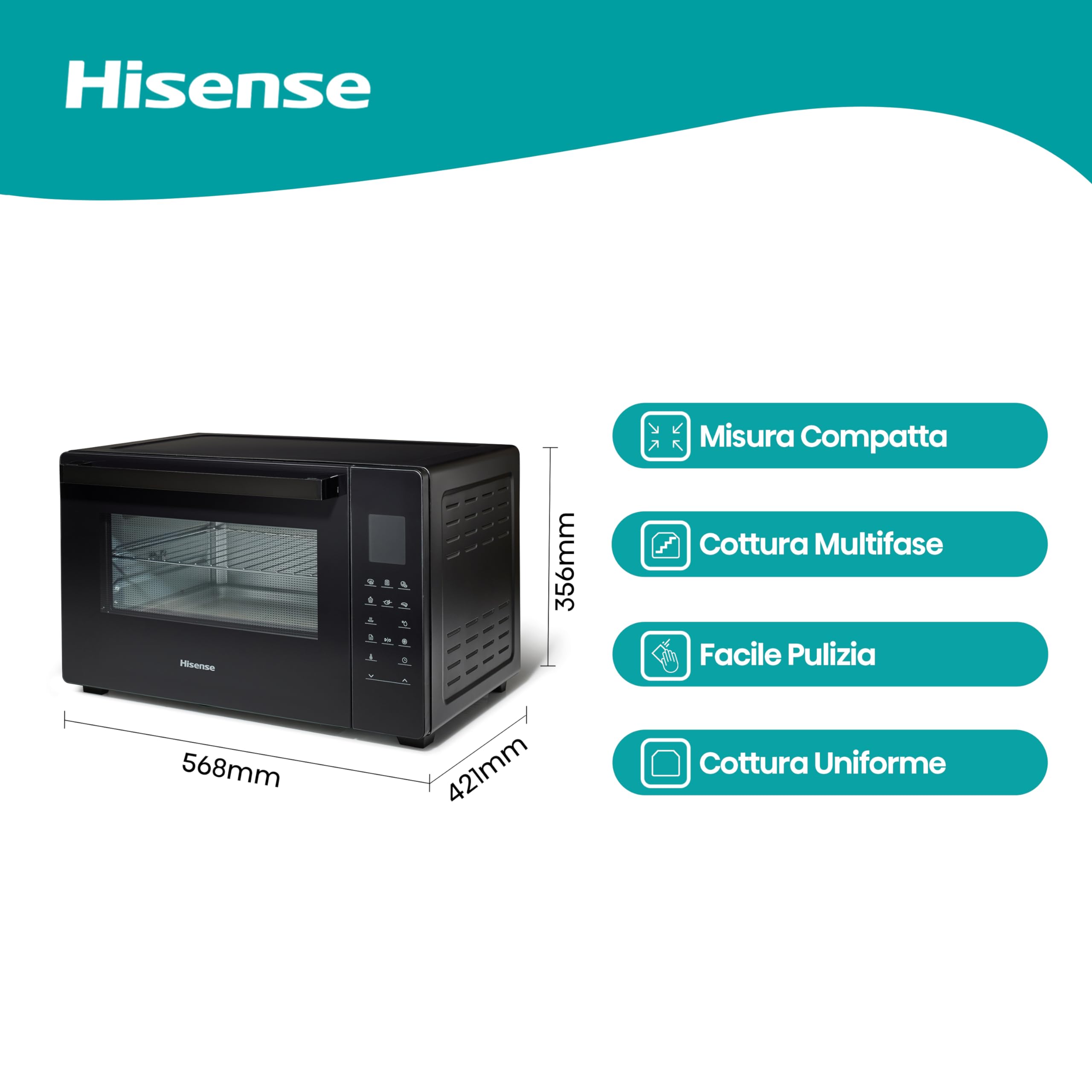 Hisense, HOM45D - Fornetto elettrico 45L, tre livelli di cottura a convezione, girarrosto, comandi touch, programmi automatici