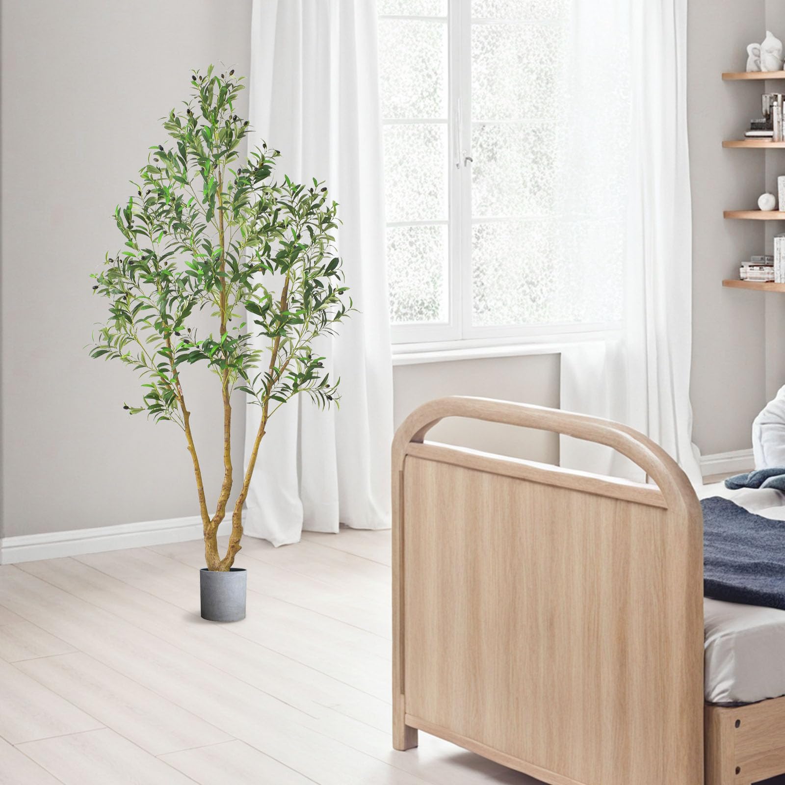 VEVOR Albero Artificiale da Interno da 2134 mm con Vaso Nero, Albero di Ulivo Artificiale con Tronco in Legno Naturale e Foglie e Frutti Verdi Realistiche, per Casa, Soggiorno, Decorazione d'Angolo