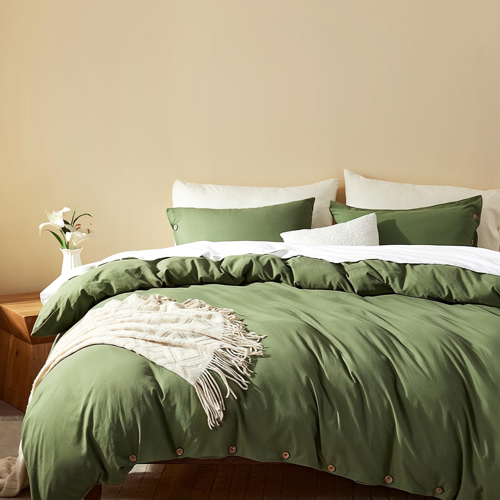 SunStyle Home Olive Green Duvet Cover Twin Size - Soft Double Brushed Twin Duvet Cover Set, 1 Duvet Cover 68x90 inches and 1 Pillow Sham, 2 Pieces Comforter Cover with Button Closure