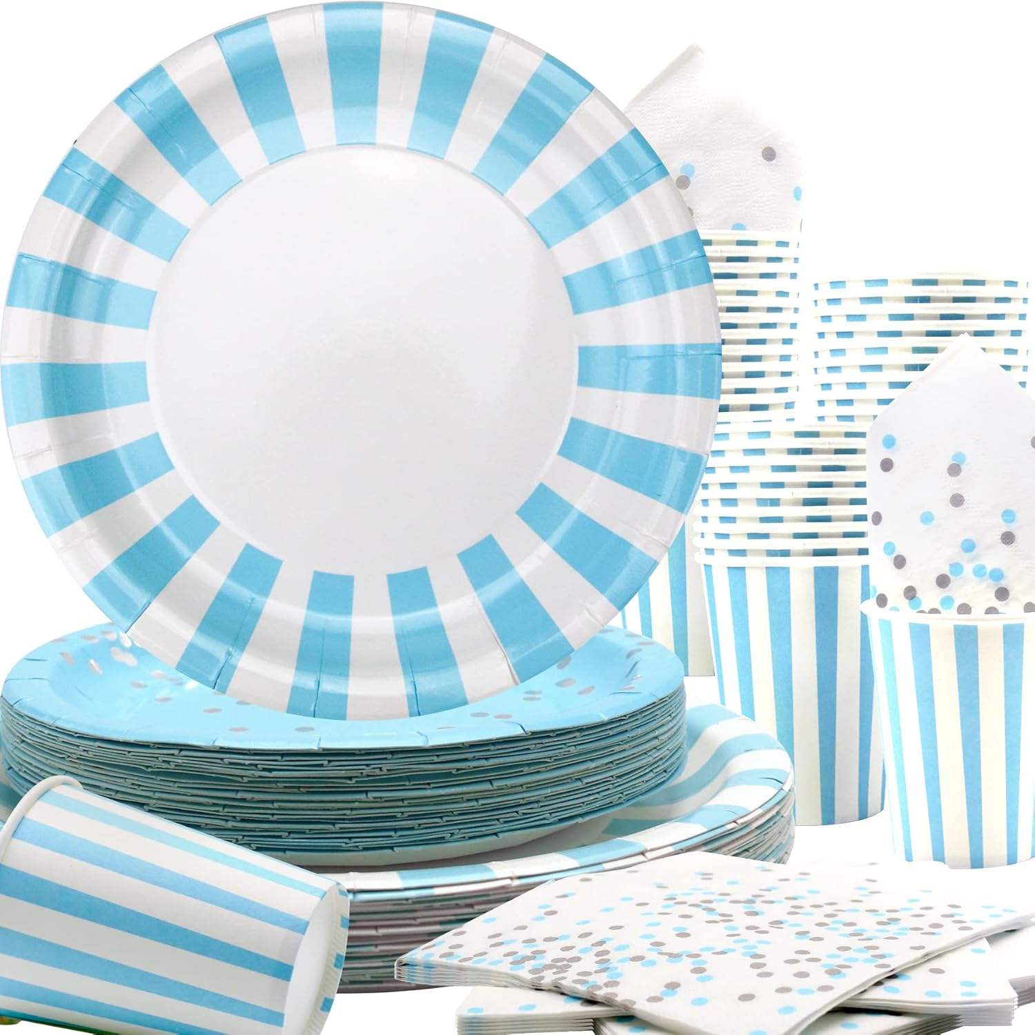 Light blue Striped Party Supplies, Blue and Silver Birthday Party, Sky