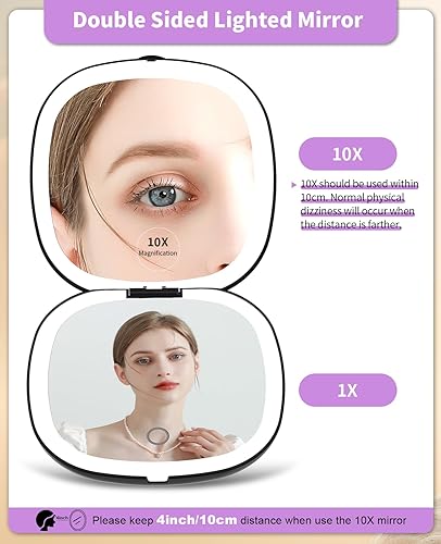Miniatura 10 de wobsion Espejo de viaje con luz, espejo de aumento compacto recargable 1x10x, espejo de bolsillo regulable, espejo de mano de 2 lados con luz,
