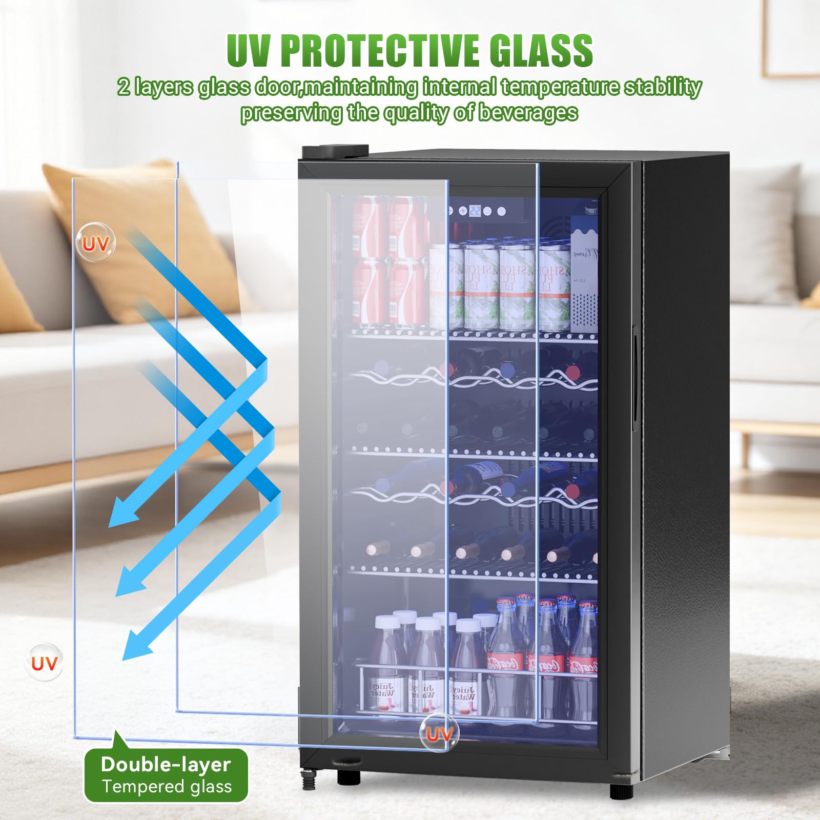 Getränkekühlschrank 65L – Mini Kühlschrank mit Glastür für 92 Dosen, freistehend, 43 dB leise, LED, Bierkühler für Büro, Zimmer & Bar, Schwarz