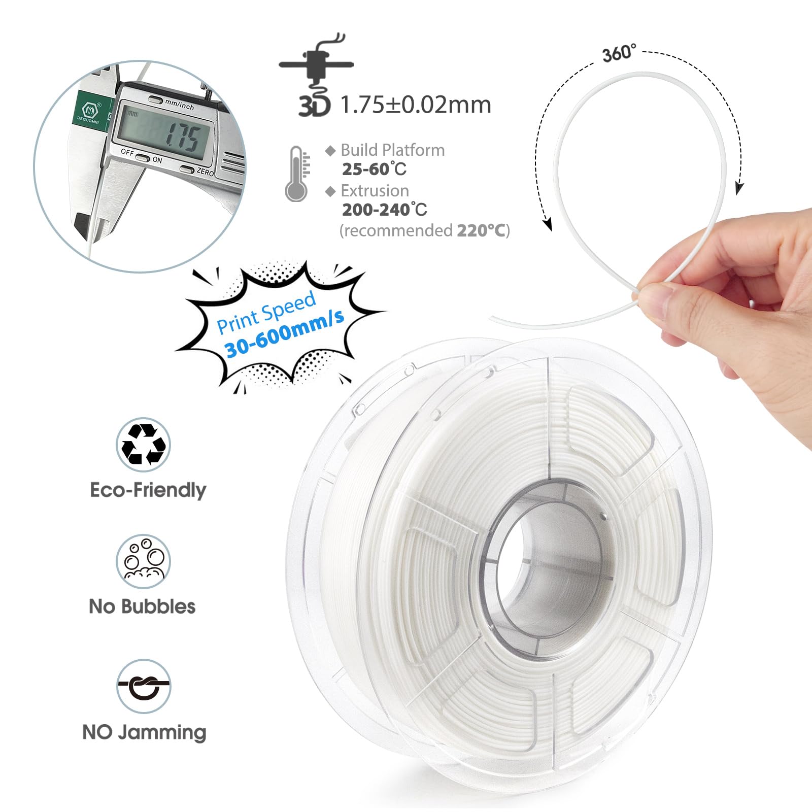 iSANMATE High Speed Filamento PLA para Impresora 3D, Filamento PLA 1.75 mm +/- 0.02 mm, Adecuado para Impresión Rápida, Soporta Velocidades de Impresión de 30 a 600 mm/s (PLA+White)