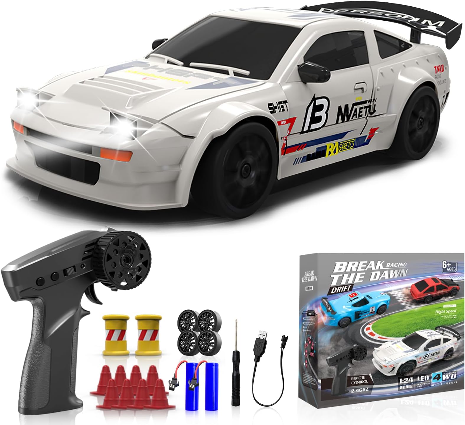 RC Drift Car, 1/24 Remote Control Car, 2.4Ghz 17KM/H High Speed RC Cars with LED Lights, Extra Tires, 2 Rechargeable Batteries, 4WD Racing Car Toys Christmas Birthday Gift for Kids Boys Girls Adults