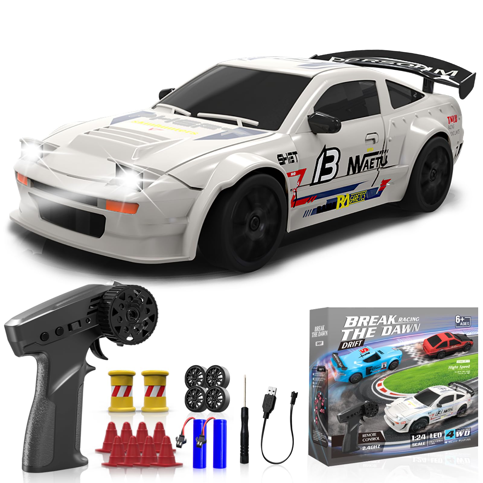 RC Drift Car, 1/24 Remote Control Car, 2.4Ghz 17KM/H High Speed RC Cars with LED Lights, Extra Tires, 2 Rechargeable Batteries, 4WD Racing Car Toys Christmas Birthday Gift for Kids Boys Girls Adults