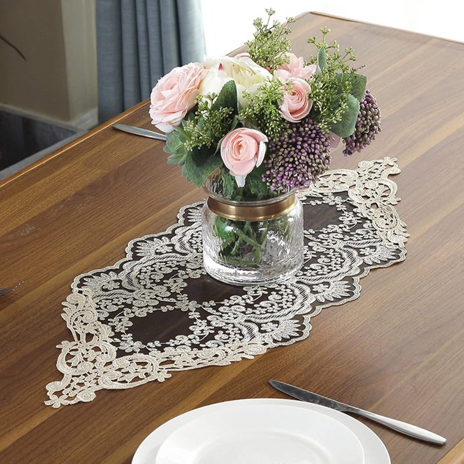 Table Runner Herbst, Tischläufer Vintage Spitze Schwarz 30x150CM Dreieckige Schwarze Mesh-Stickerei Polyester Tischdeko Wohnzimmer Küche