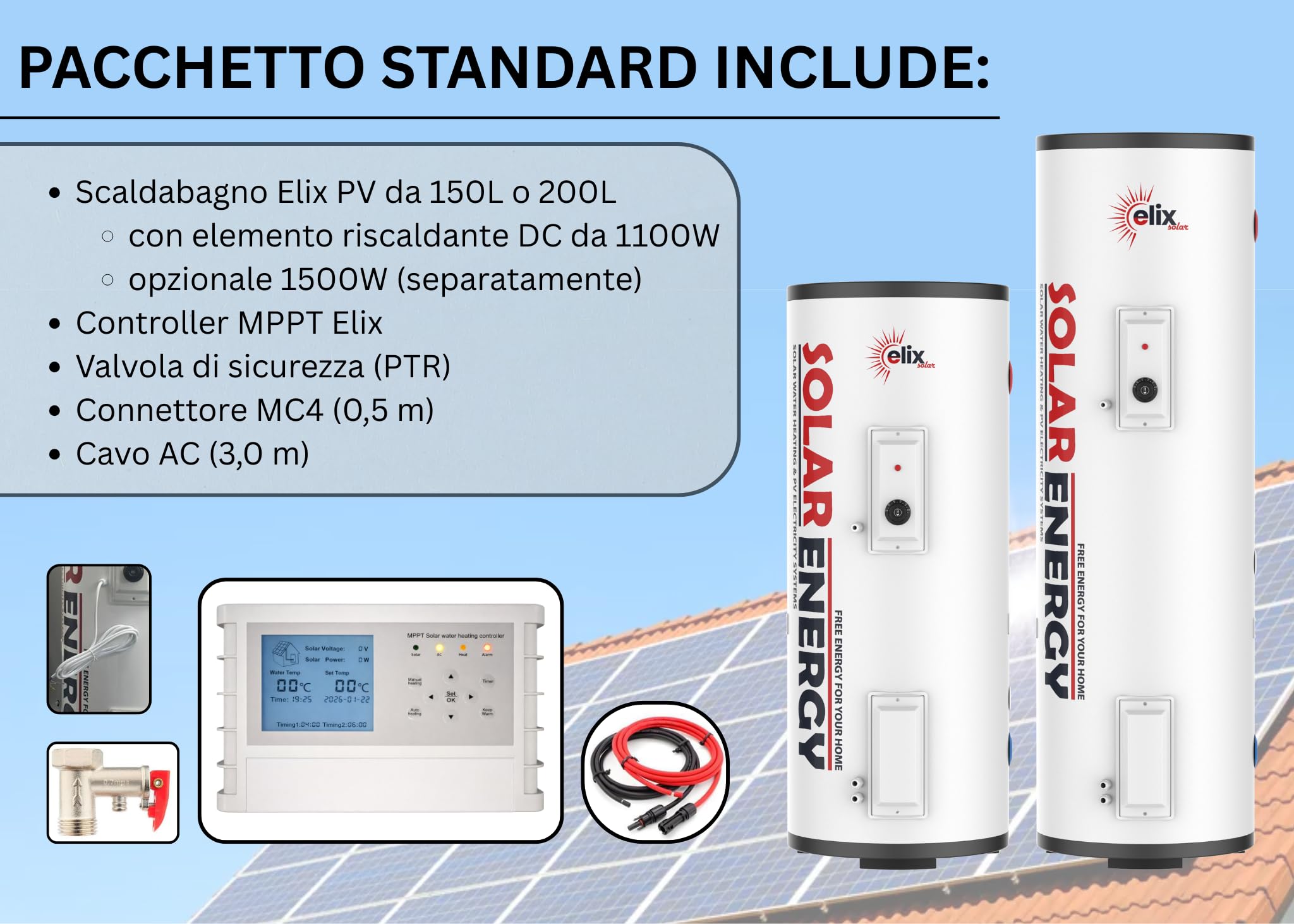 Scaldabagno Solare Fotovoltaico PV Elix 150/200 L | MPPT (con MPPT, 200L, DC 1500W)