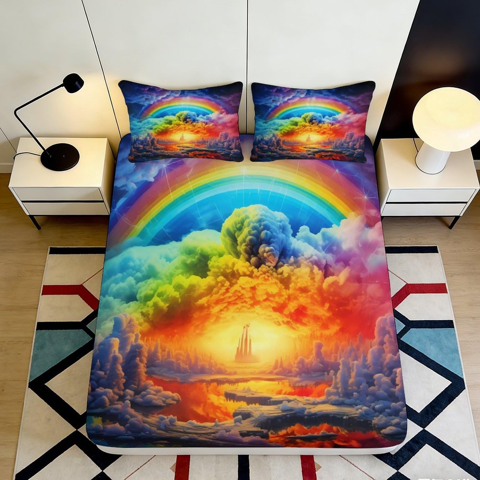 3D Printed Rainbow Clouds Fitted Sheet Microfiber Sunrise Landscape Bed Cover for Bedroom Guest Room Decor Easy Care 90x200x25cm