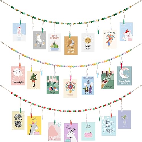 3 piezas de exhibición de fotos para colgar en la pared con guirnalda de cuentas de madera, marco de collage para decoración de pared bohemia,