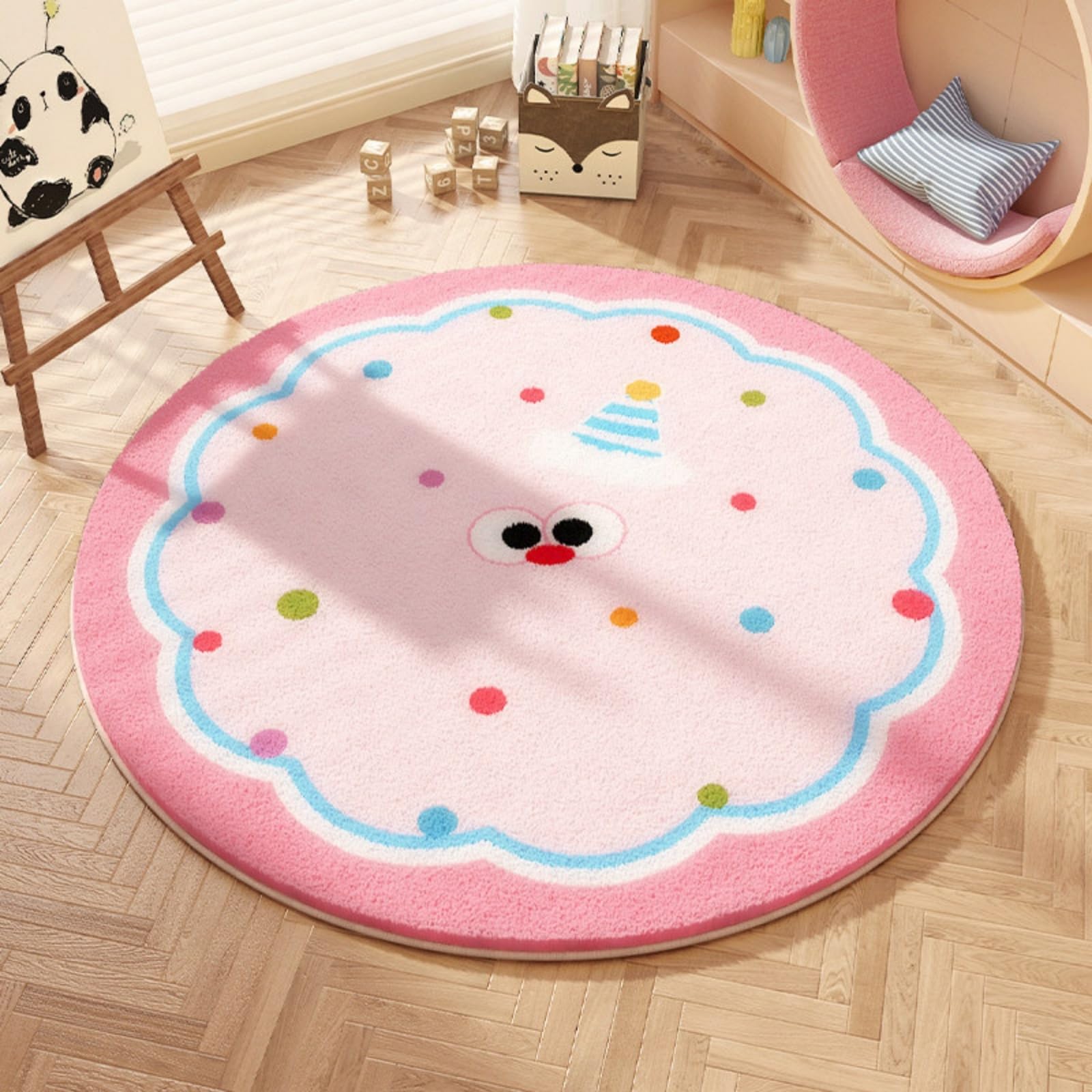 Teppich Wohnzimmer Rund 90 cm Blau Rosa Teppich Kurzflor rutschfest