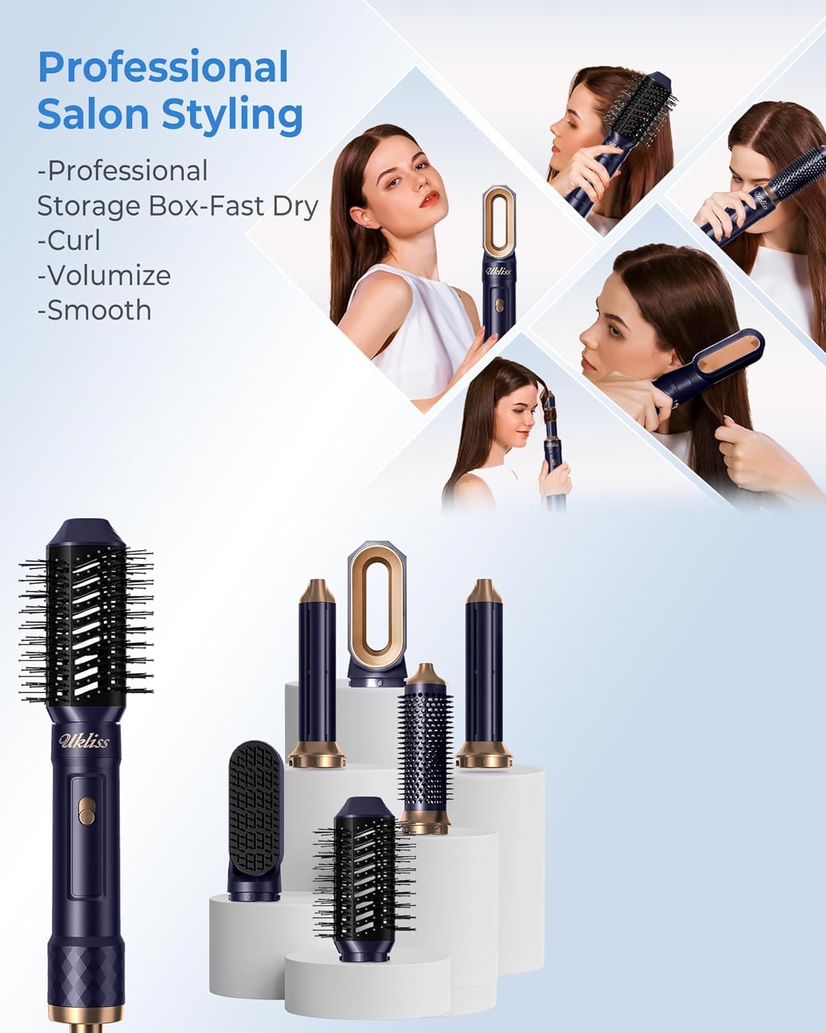 6 in 1 Hair Dryer Brush, Curling Wand Hair Air Styling Tools Set, Ionic Hair Dryer with Massage Hot Air Brush, Round Blow Dryer Brush, Thermal Brush, Hair Straightener,Left&Right Rotating Curling Wand