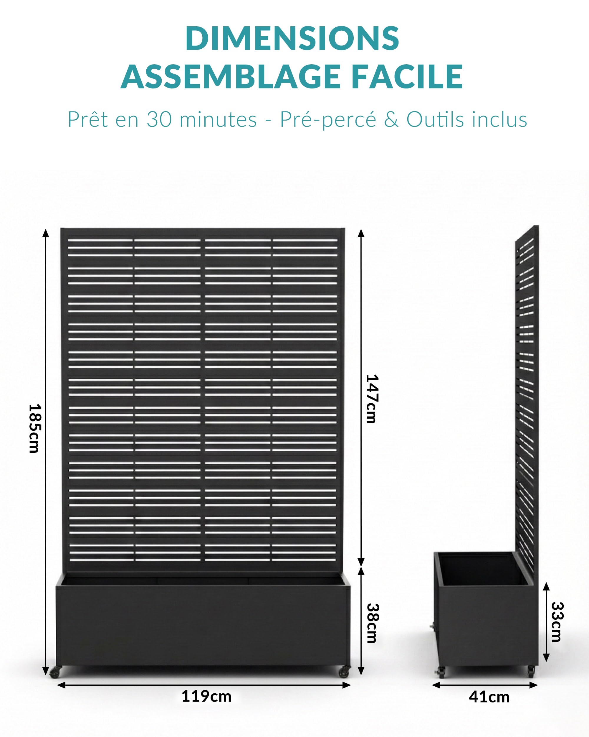 Carré Potager avec Brise-Vue, Jardinière en Métal avec Treillis et roulettes, Bac à Fleurs Autoportant 33cm de Profondeur, Résistant aux Intempéries pour Jardin, Balcon et Terrasse