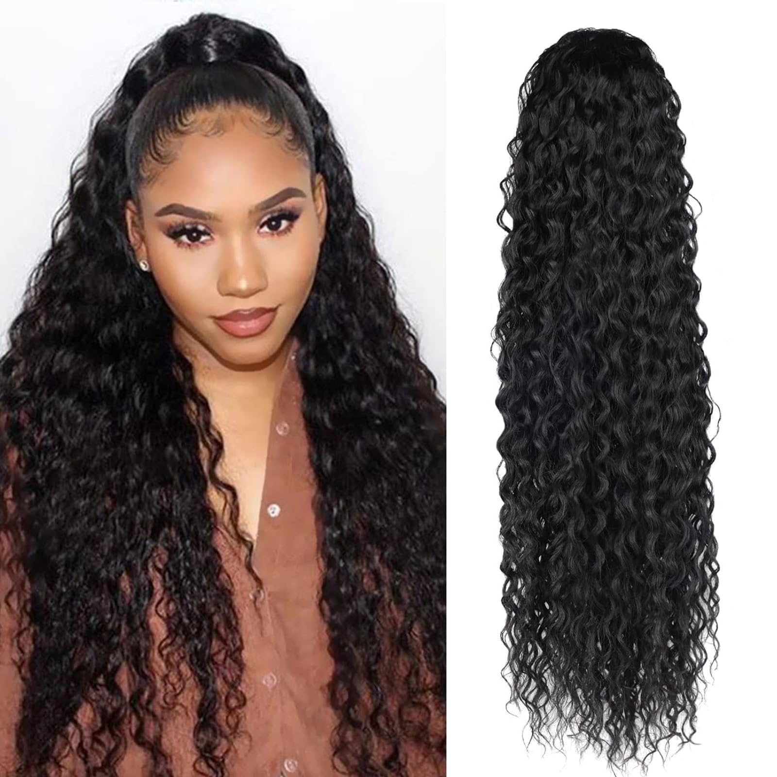 Water Wave Long Ponytail Extension Human Hair with Drawstring Human Hair Ponytail for Women Real Human Hair Ponytail Extension Natural Color 22 Inch