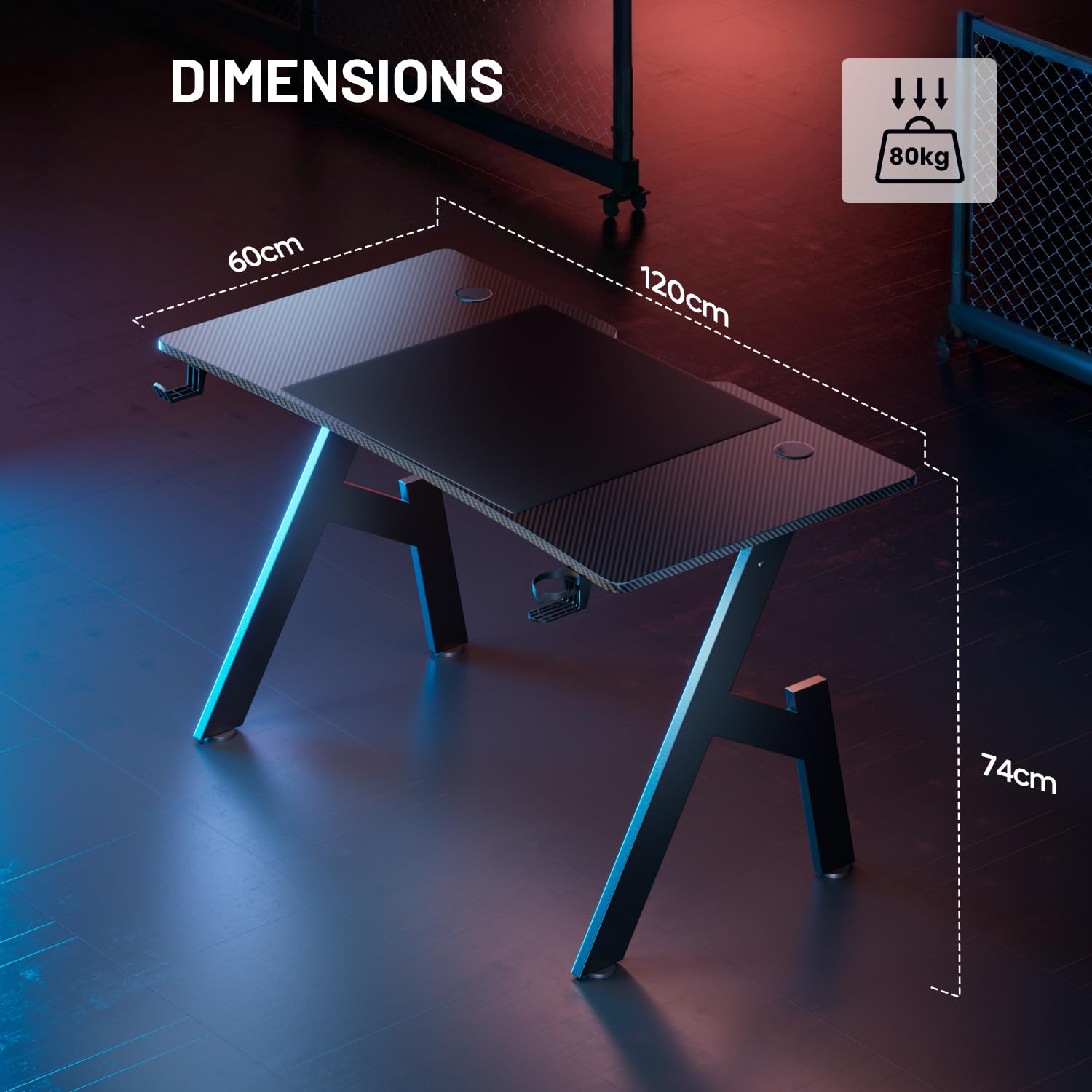 HLFURNIEU 120 x 60 cm Bureau Gaming, Bureau Gamer Informatique Ergonomique, Table Gaming en Fibre de Carbone, Gamer Desk avec Porte Gobelet et Crochet pour Casque, Noir