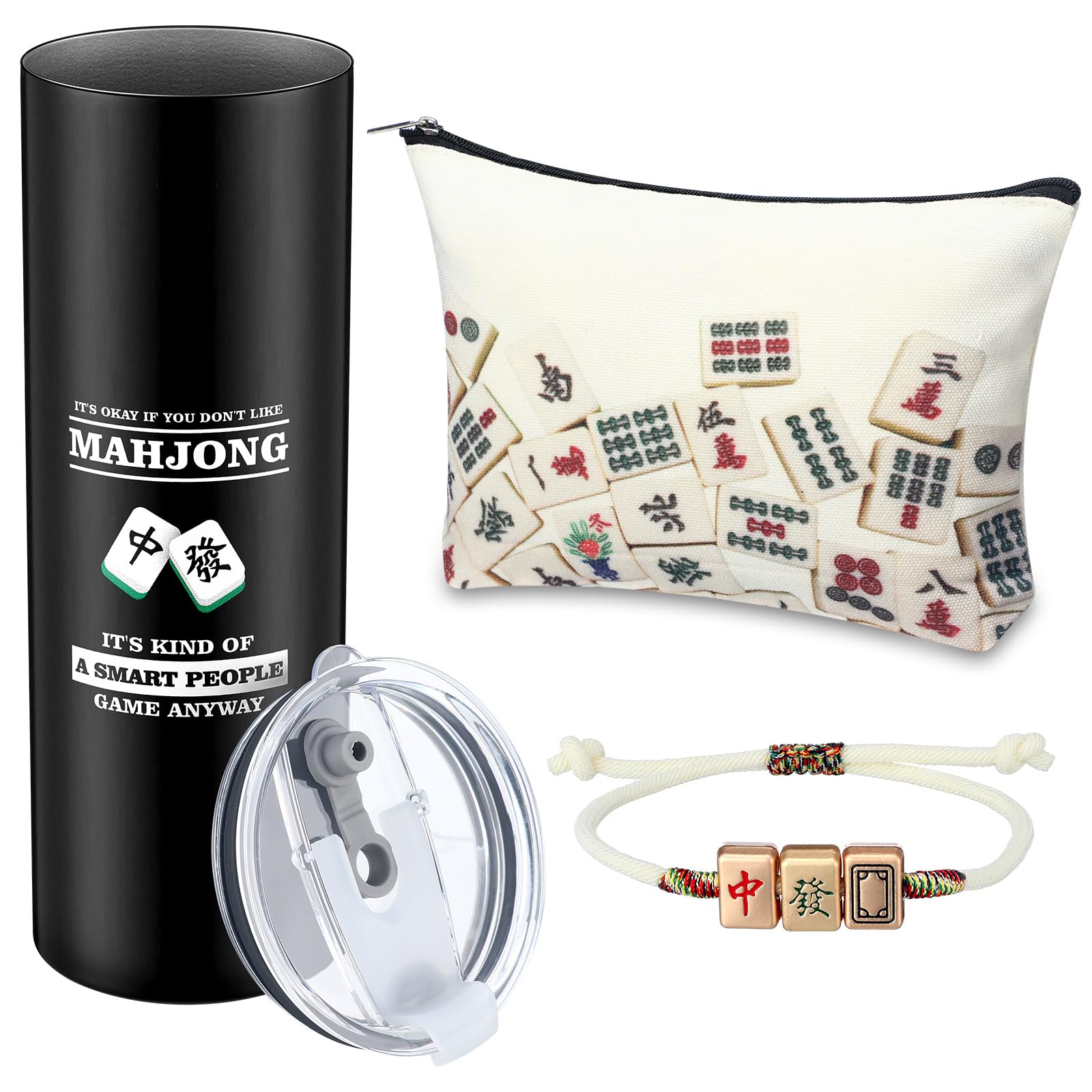 Skylety 3 Pcs Valentine's Mahjong Gifts Set for Women Men 20oz Stainless Steel Insulated Tumbler Mahjong Coin Purse Cosmetic Bag Mahjong Lucky Bracelet for Mahjong Lovers Birthday Gifts Accessories
