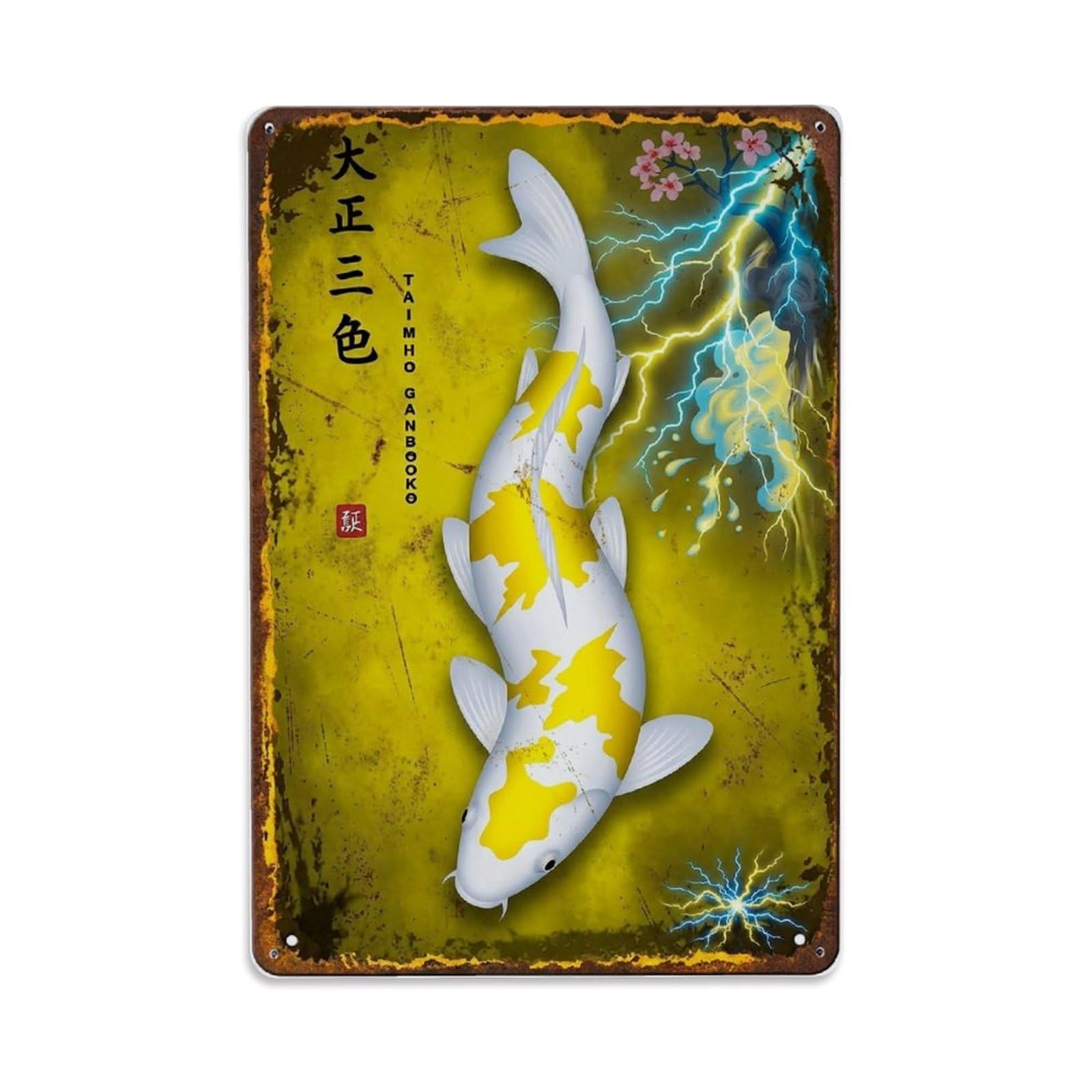 Lightning Pond Koi Metal Tin Sign Plaque Wall Decor for Cafe, Club Bar, Office, Home Garden Metal Poster 8x12Inch