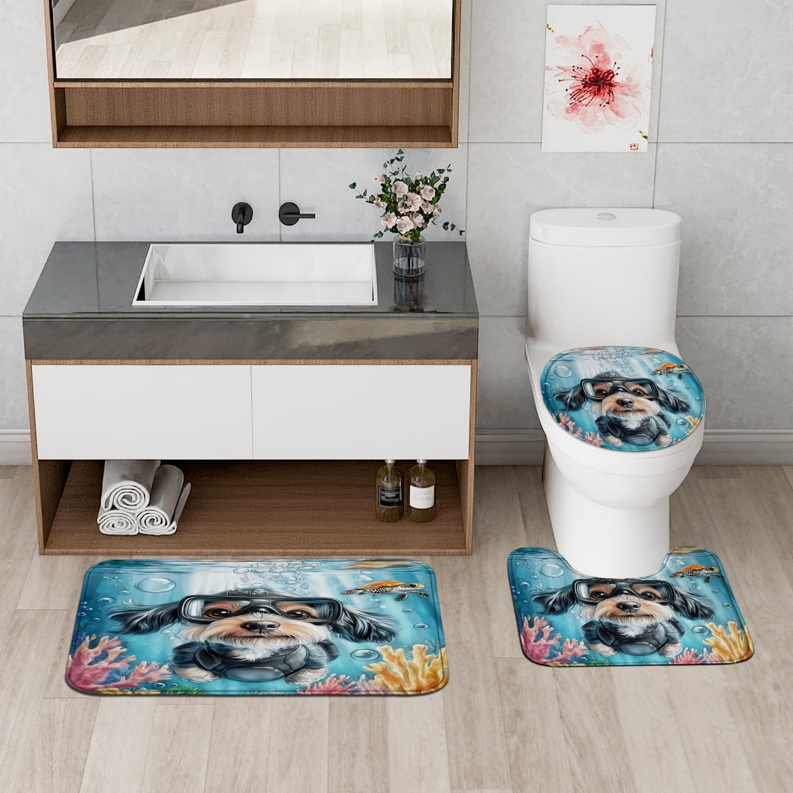 4-teiliges Badezimmer-Zubehör-Set mit frühlingshaftem Schnauzer, mit rutschfestem Teppich, U-Form und WC-Deckelbezug, lustiger Welpe, Kinder, Ozean, Cartoon, Badezimmer, dekorativ, 183 x 183 cm