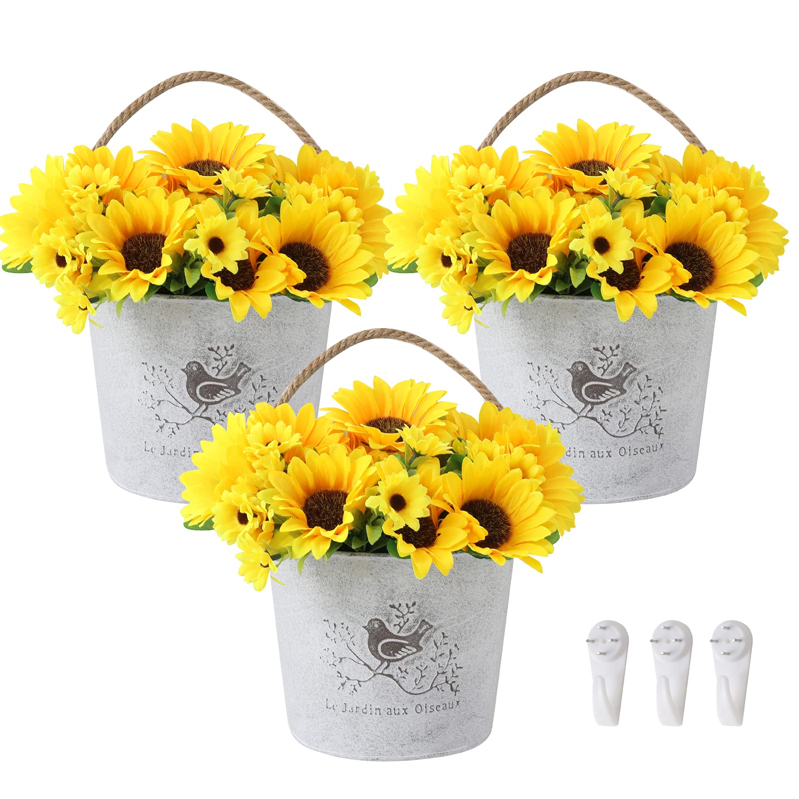 PLAYWITH 3 Pcs Wall Planters,Rustic Farmhouse Wall Planter Pot Decor,Vintage Galvanized Metal Wall Hanging Planter Decor,Flower Plant Pot.Plant Holder with Rope Succulent Plants Flower Growing.