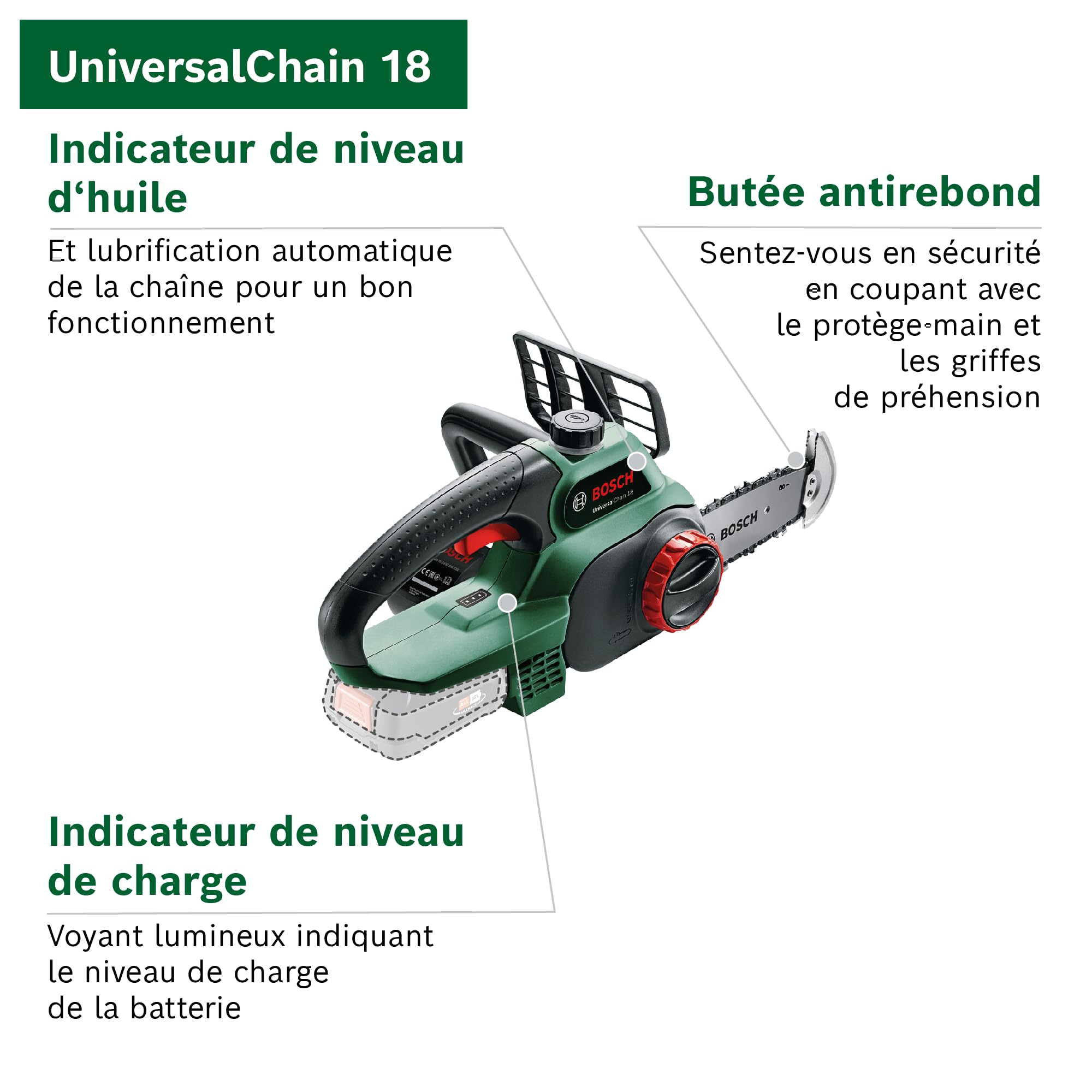 Bosch Tronçonneuse sans fil - UniversalChain 18 (Livrée sans batterie ni chargeur, avec huile 80 ml, système 18V, longueur de guide: 20cm)