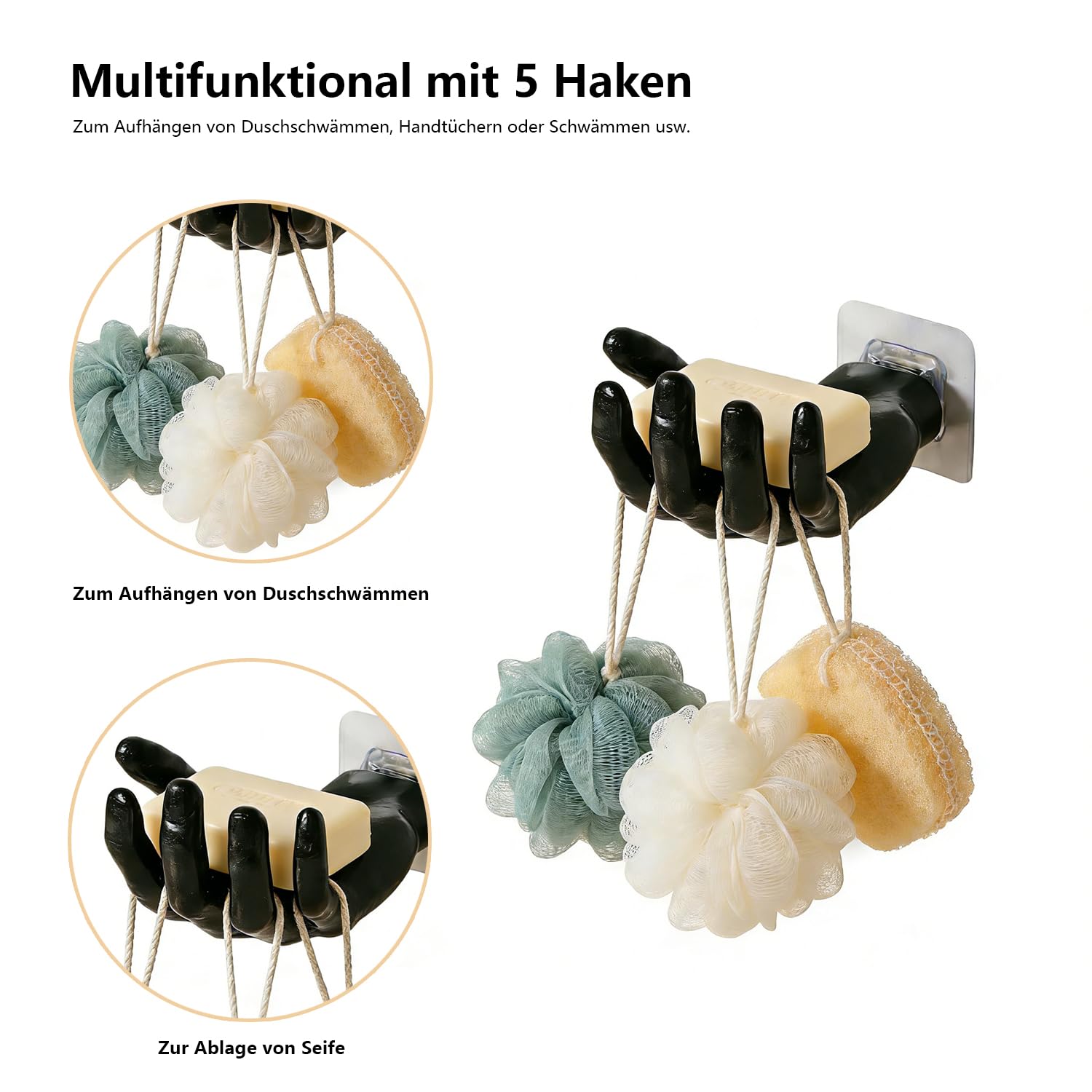 Handförmige Seifenschale selbstklebend ohne Bohren – 5 Haken. Wandmontage, Kunststoff, schimmelresistent (Mold), seifenhalter mit Ablaufrinne. seifenschale dusche, Badezimmer seifenhalter(schwarz) - 2