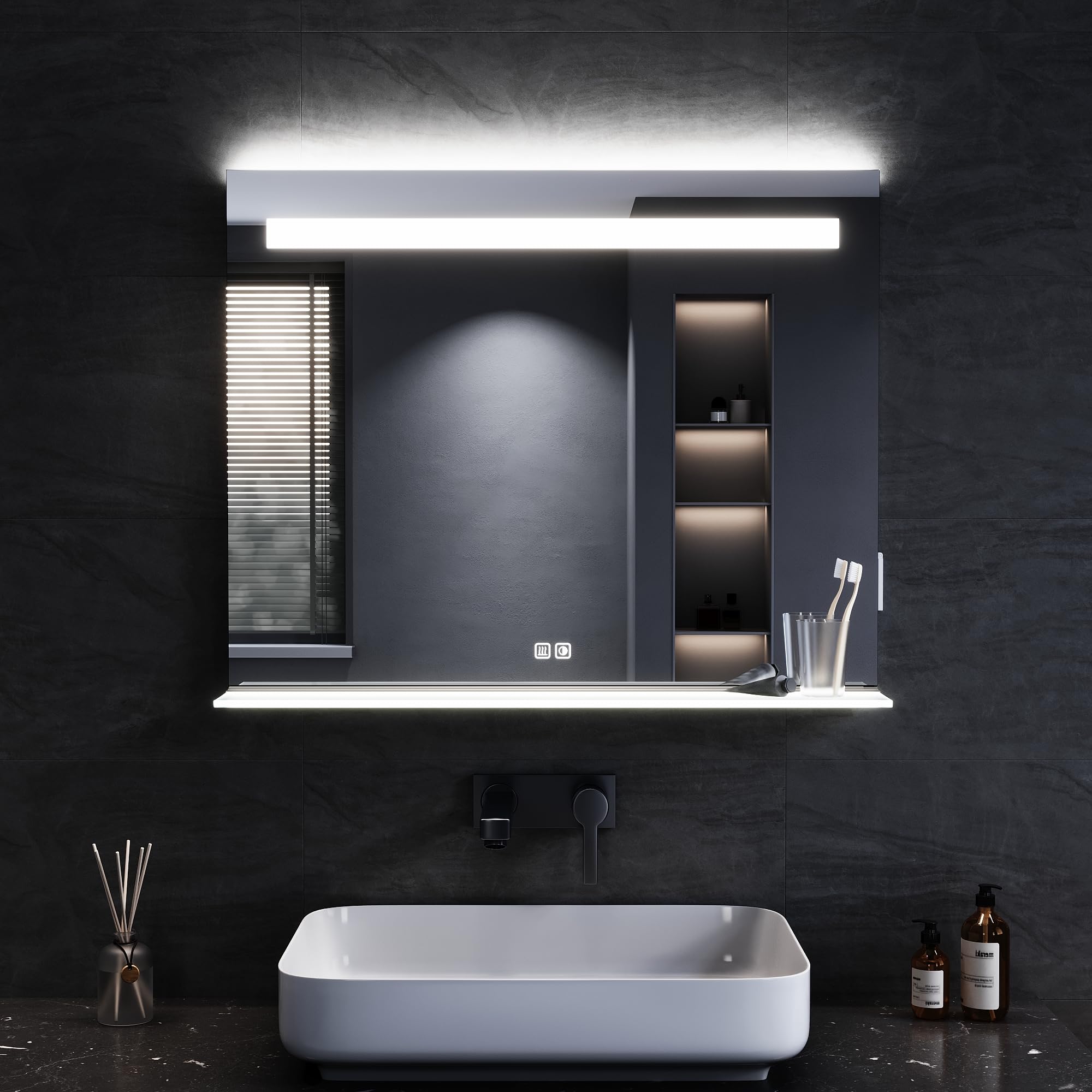 ELEGANT Bathroom Mirror with LED Lights, 80x65cm Wall Mounted Vanity Mirror with Shaver Socket, 3 Colors Dimmable Light, Defogging, Backlit Bathroom Wall Mirror with LED Shelf, IP44