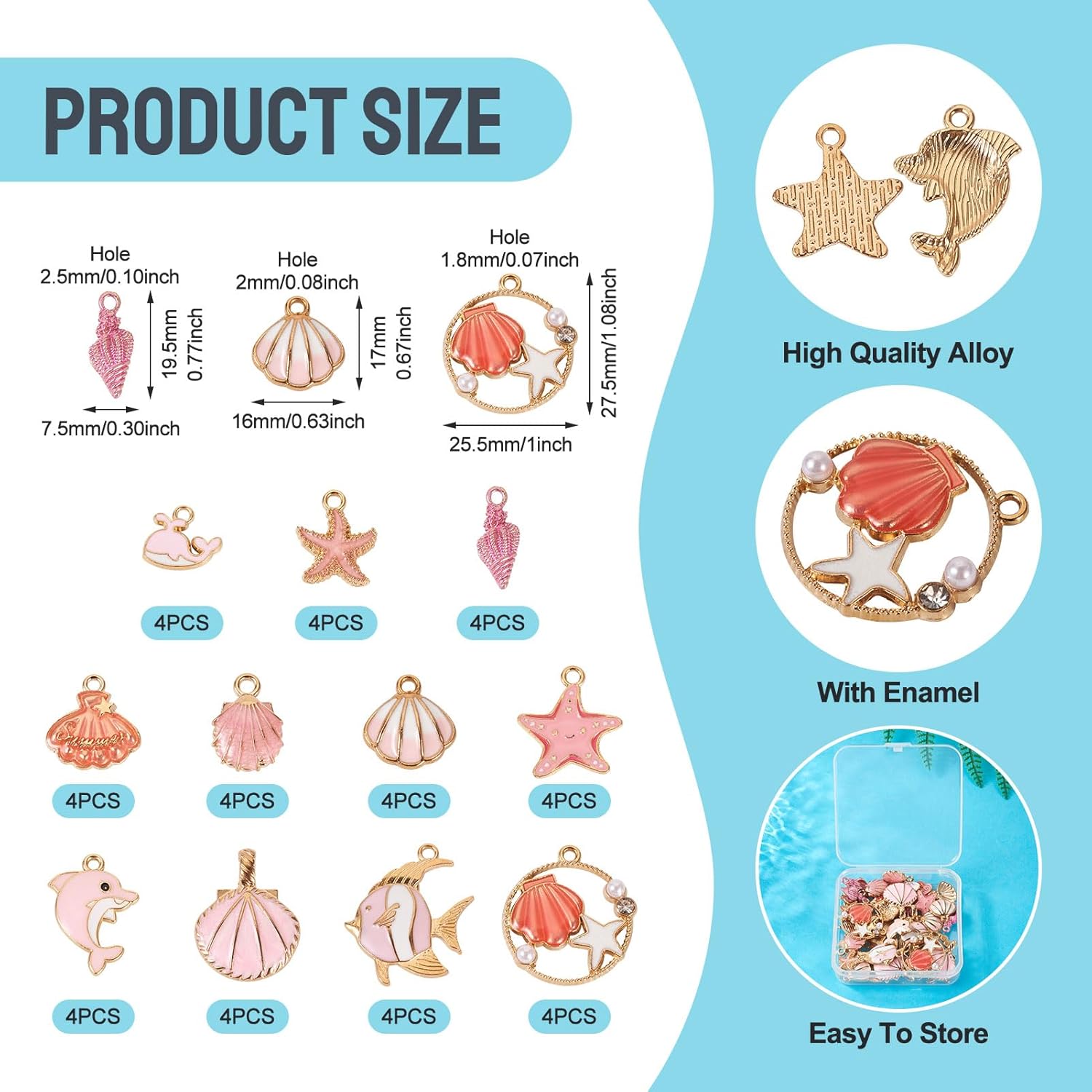 48Pcs Ocean Fish Shell Charms Pink Enamel Starfish Spiral Shell Dolphin Whale Beach Charm Alloy Cute Phone Charms Kit for Summer Beach Crafts DIY Keychain Ocean Jewelry Making Supplies - Image 2