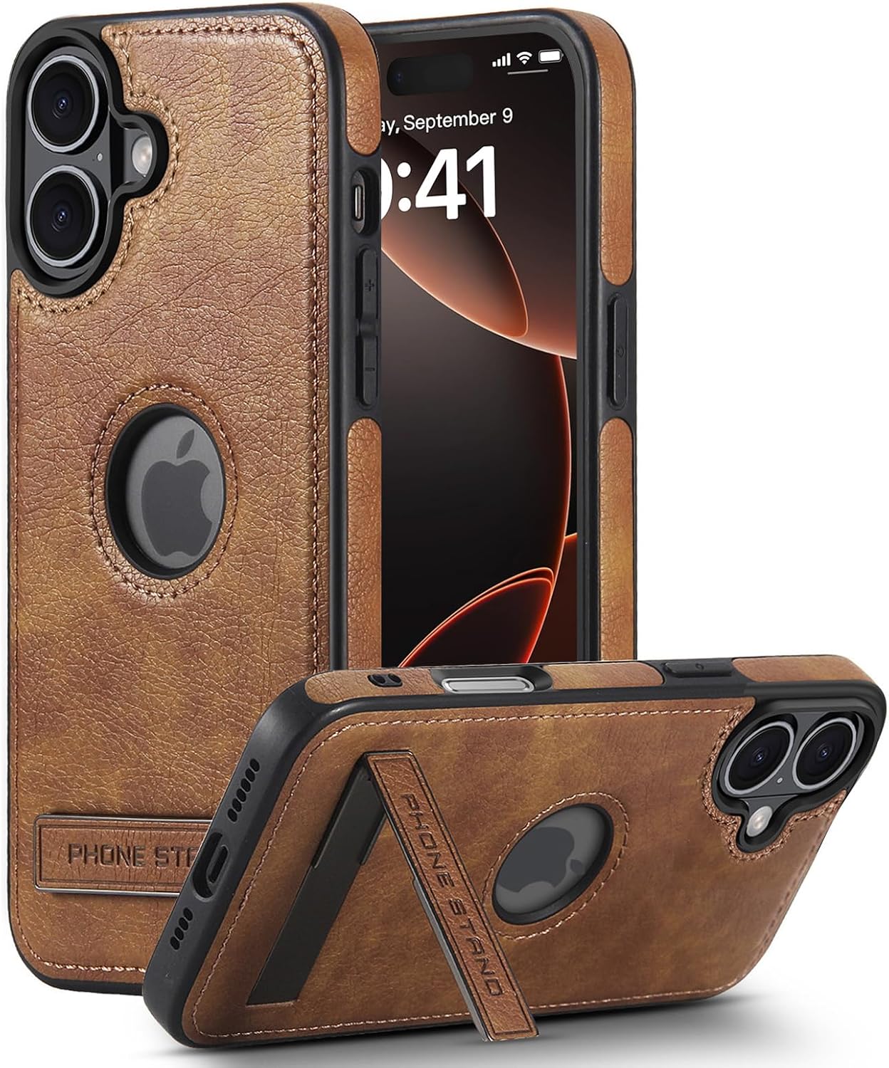 Leather Case for iPhone 16 Plus Case, Protective Slim with Kickstand Shockproof Phone Cases, Built-in Invisible Stand Compatible with iPhone 16 Plus 6.7'' (Brown, for iPhone 16 Plus) For iPhone 16 Plus Brown