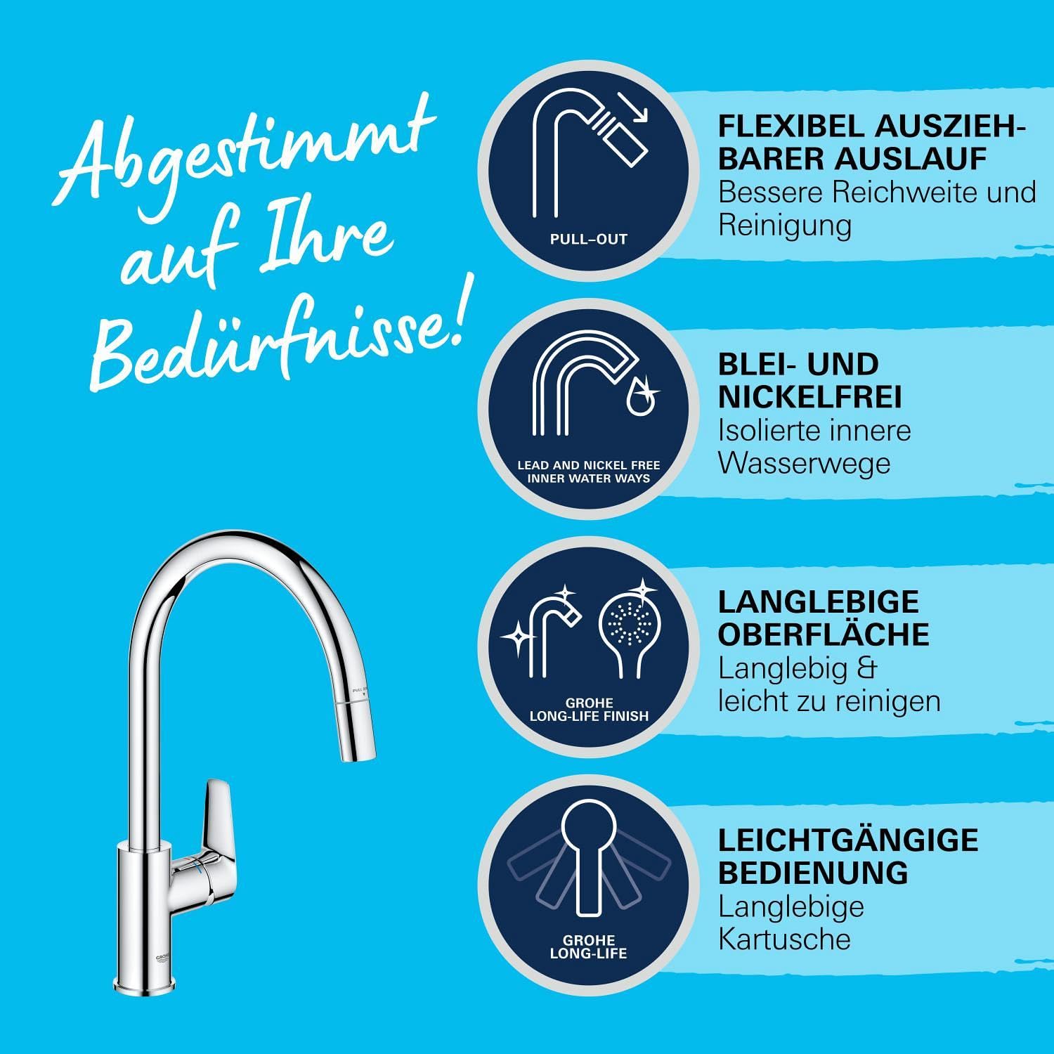 GROHE StartEdge, Küchenarmatur (Wasserhahn Küche mit ausziehbarer Brause, 360° Schwenkbereich, wassersparend dank variabler Mengenbegrenzung, werkzeugfreie Spülbecken-Montage), chrom, 30550000