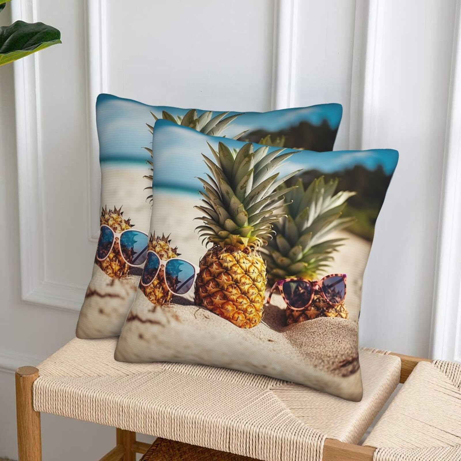 NONHAI Decorative Throw Pillow Covers Set of 2, 18"x18" Square Cushion Case Soft Comfy Pineapple Sunglasses Sand Beach Throw Pillows for Couch Cushion Livingroom Farmhouse Home Decor Pillowcases