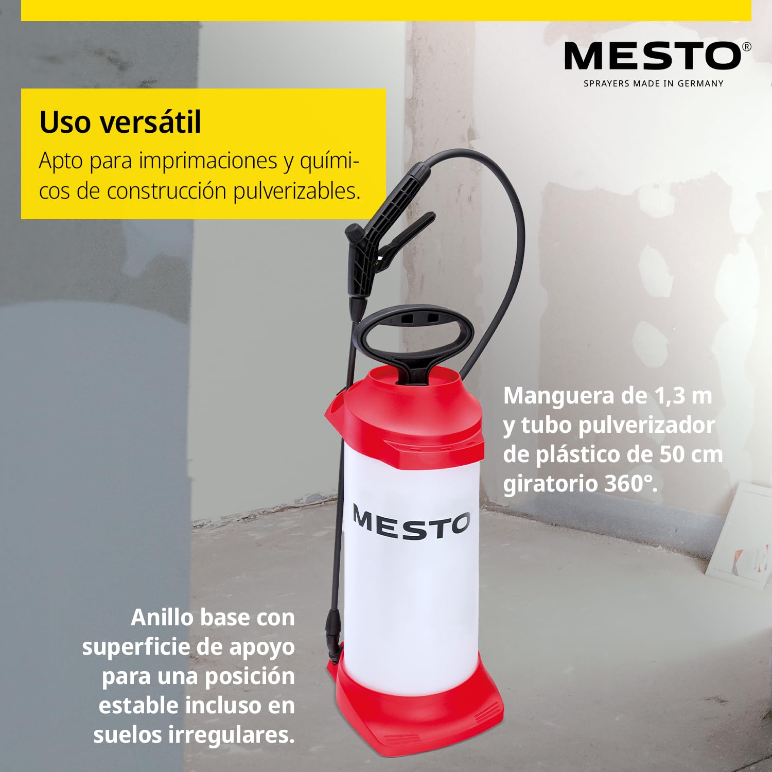 MESTO Primer Pulverizador a presión 5 L Set con Tubo de extensión 45 cm | Pulverizador Manual 3 Bar | Sulfatadora Manual para construcción y reformas | para imprimaciones y químicos de construcción