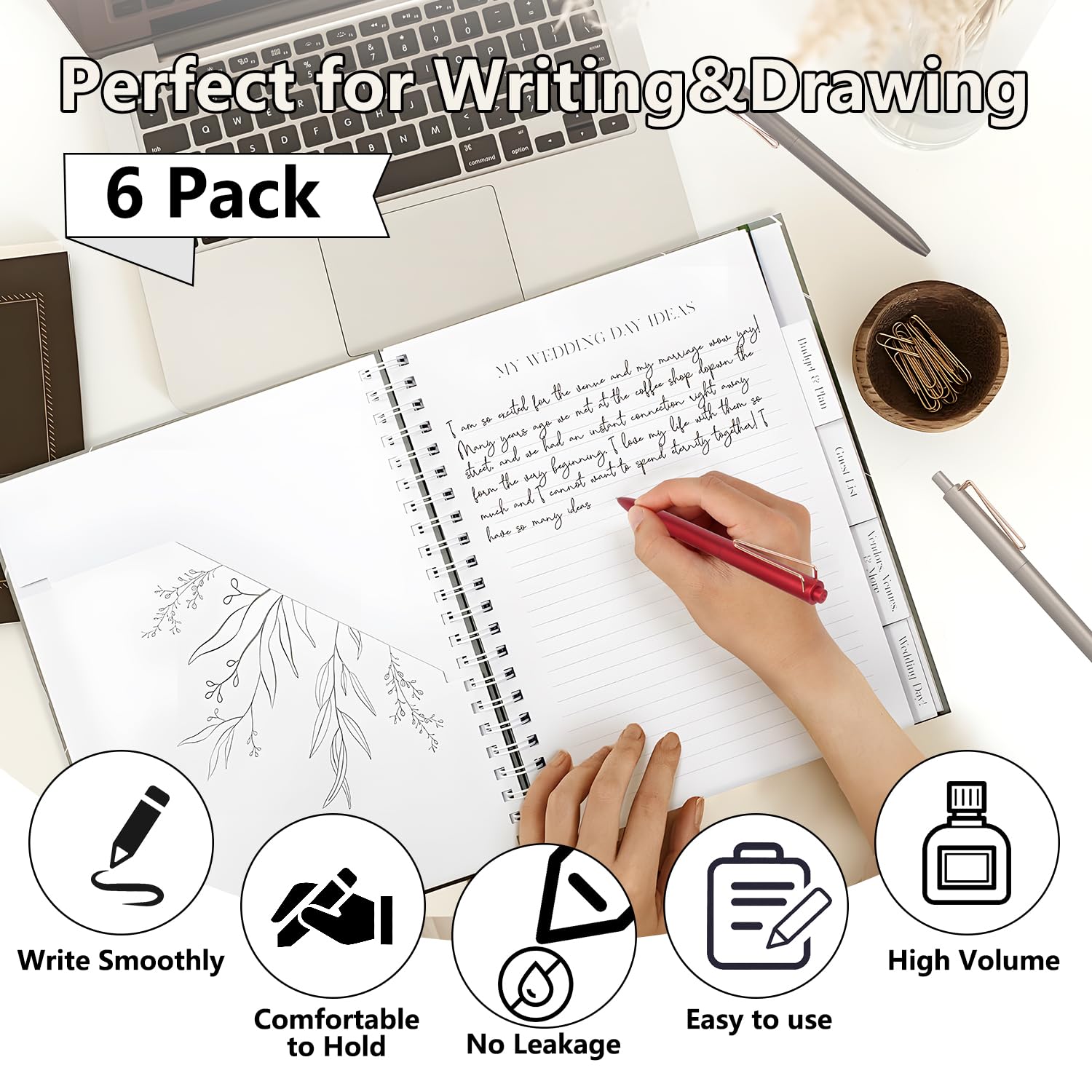 MOTIBACK Penne a Scatto con Inchiostro Nero, Punta Ultra Fine 0.5mm, Confezione da 6, Clip a V, Design Compatto Senza Sbavature (Penna nera con custodia rosso