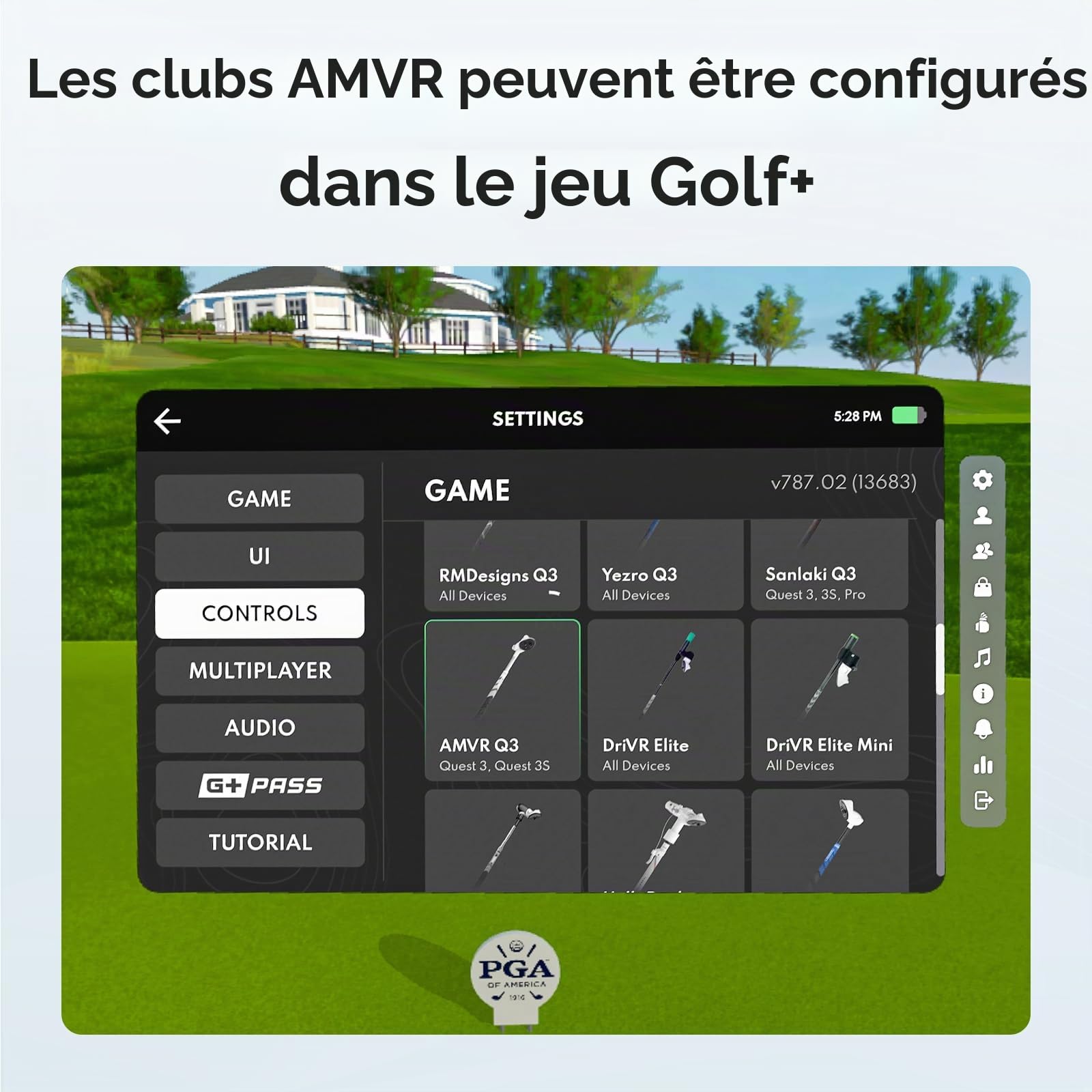 AMVR Fixation réglable pour club de golf compatible avec Meta/Oculus Quest 3S/Quest 3, longueur facilement réglable