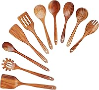 Vista 14 de Cucharas de madera para cocinar, utensilios de madera para cocinar, juego de utensilios de cocina de madera de teca natural, agarre cómodo