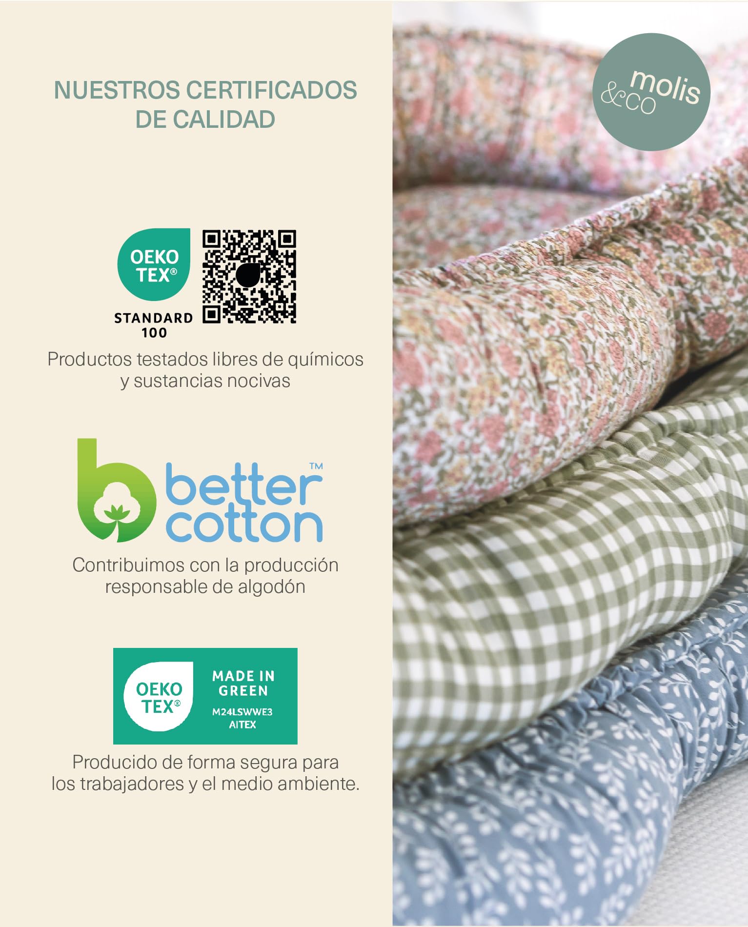 molis&co. Nido de Bebé 90 x 50 cm. Reductor de Cuna o Nido de Colecho para Bebe. Algodón. Cuna Portátil o de Viaje para recién Nacido. Mint Tea. Oeko-Tex 100. — view 5