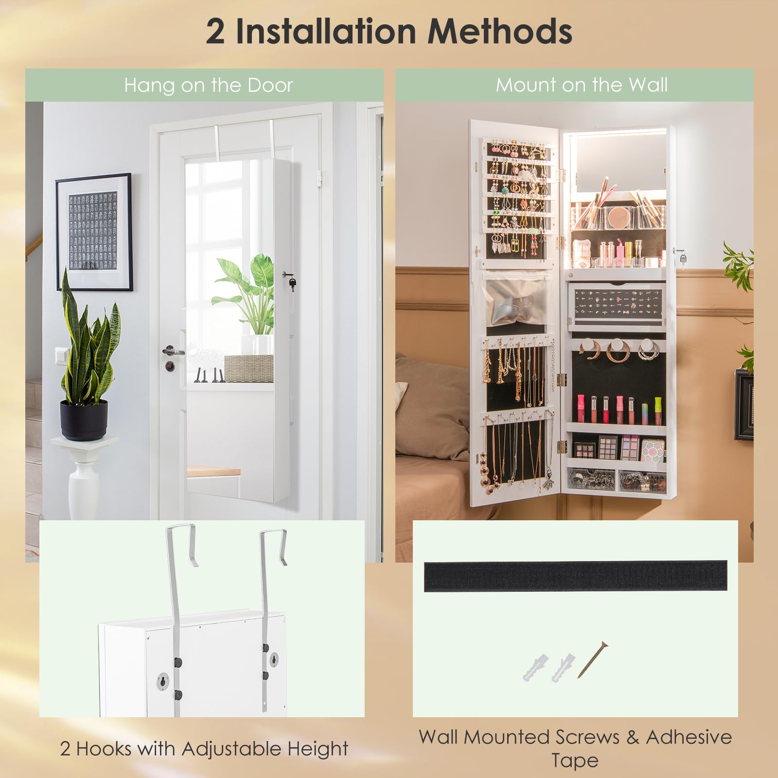 HOMASIS Joyero con espejo de cuerpo entero,armario para joyas de pared, espejo de maquillaje integrado y luz LED de 3 colores, ganchos para cadenas y pendientes, 37x10x135/140cm, blanco
