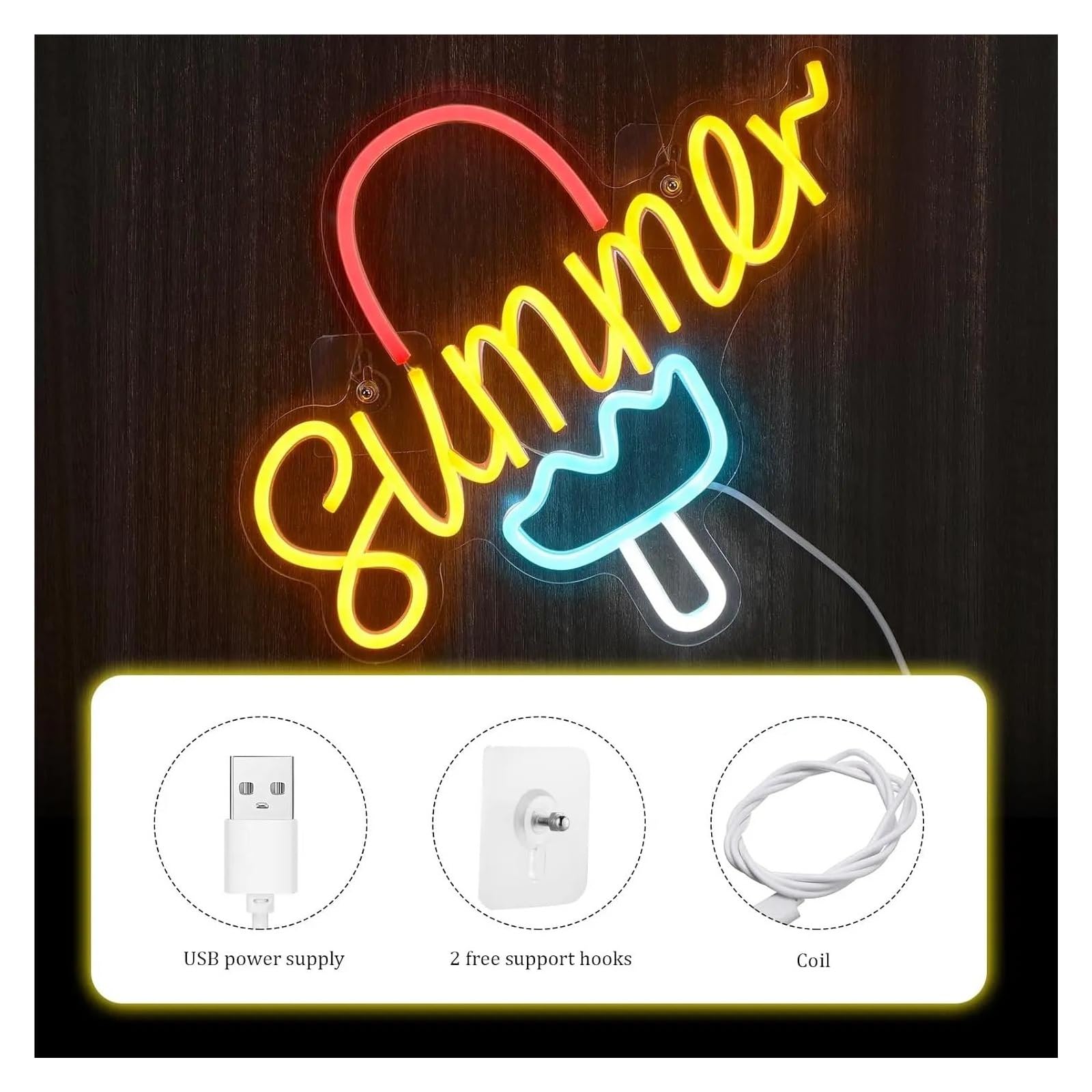 Luces de neón Letrero De Neón De Helado SUMMER Luz Regulable Alimentada Por USB Para Sala De Estar Oficina Bar Restaurante, Fiesta, Decoración De Pared 29cmx36cm