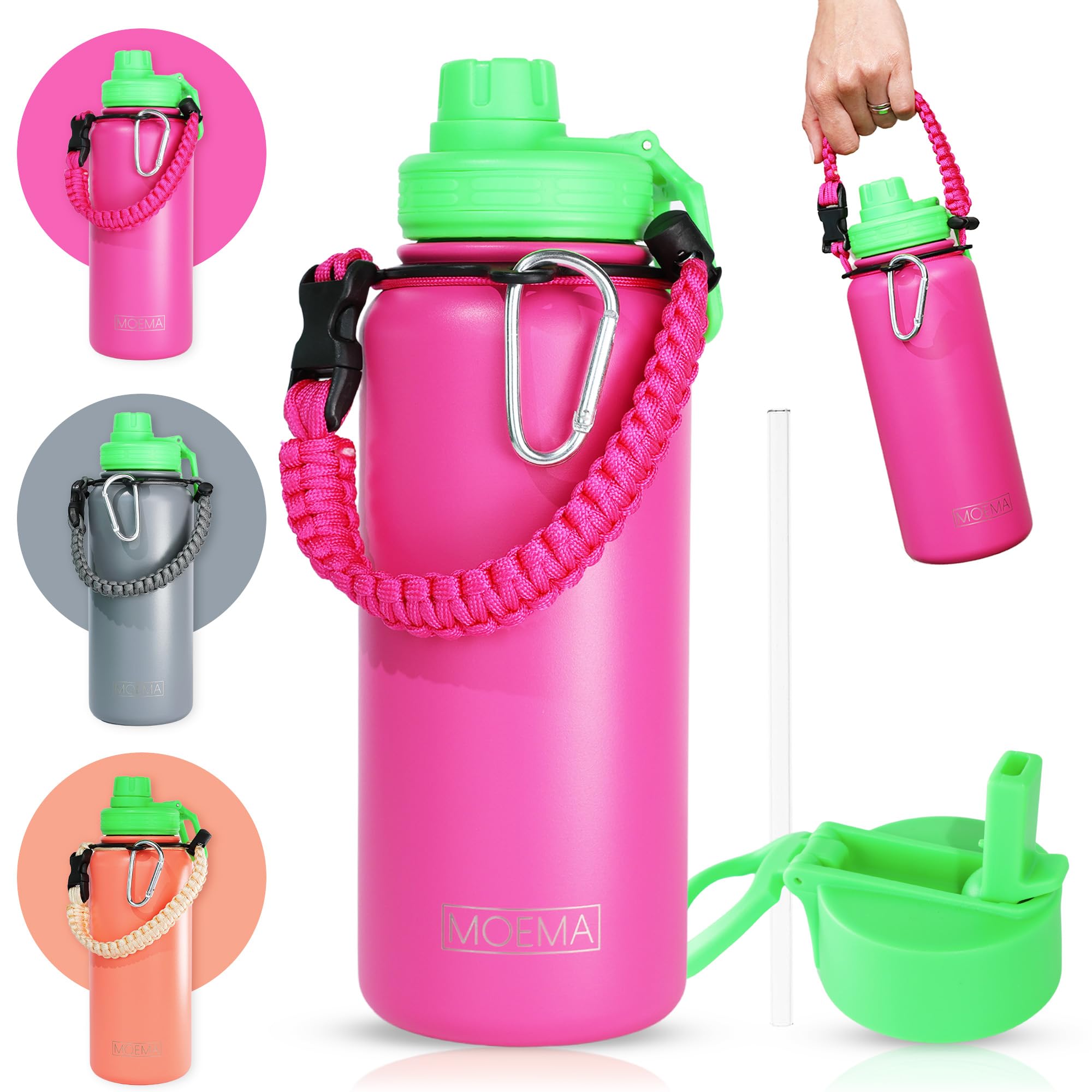 MOEMA Insulated Water Bottle with Handle 32oz, Stainless Steel Cup with 2 Lids & Straw, BPA-Free, Aesthetic, Tumbler Double Wall Vacuum Insulation, for Workout, Sports (Glamour Pink)