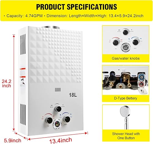 Miniatura 2 de Calentador de agua sin tanque Propano 4.74GPM 18L Calentador de agua de gas portátil para exteriores Calentador de agua de propano instantáneo con