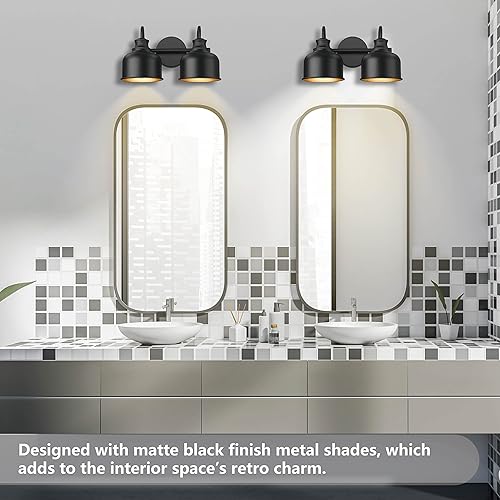 Miniatura 4 de Aplique de pared de 2 luces para baño, con pantalla de metal negro mate, industrial, para dormitorio, cocina, sala de estar, pasillo