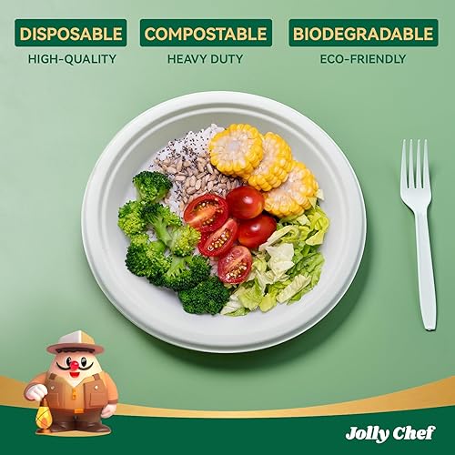 Miniatura 3 de JOLLY CHEF Platos 100% compostables resistentes de 9 pulgadas (paquete de 300) platos de papel blanco desechables ecológicos hechos de bagazo