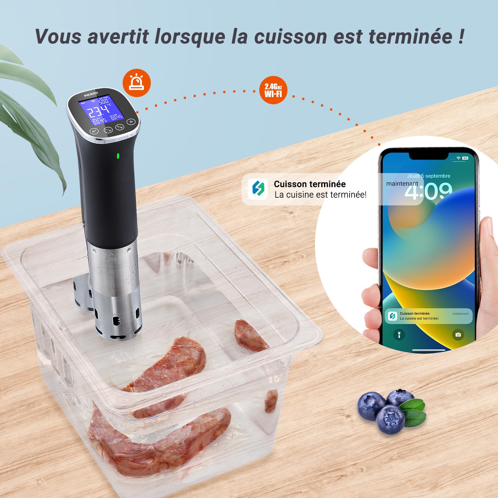 INKBIRD Wifi Thermoplongeur Cuisson Sous Vide, WLAN Sous Vide Cuiseur, 0-90 ℃ Cuisson Basse Température et Minuterie | ±0,1°C Température Précise, Recettes APP, LCD, 1000W, IPX7 Imperméable, ISV-300W