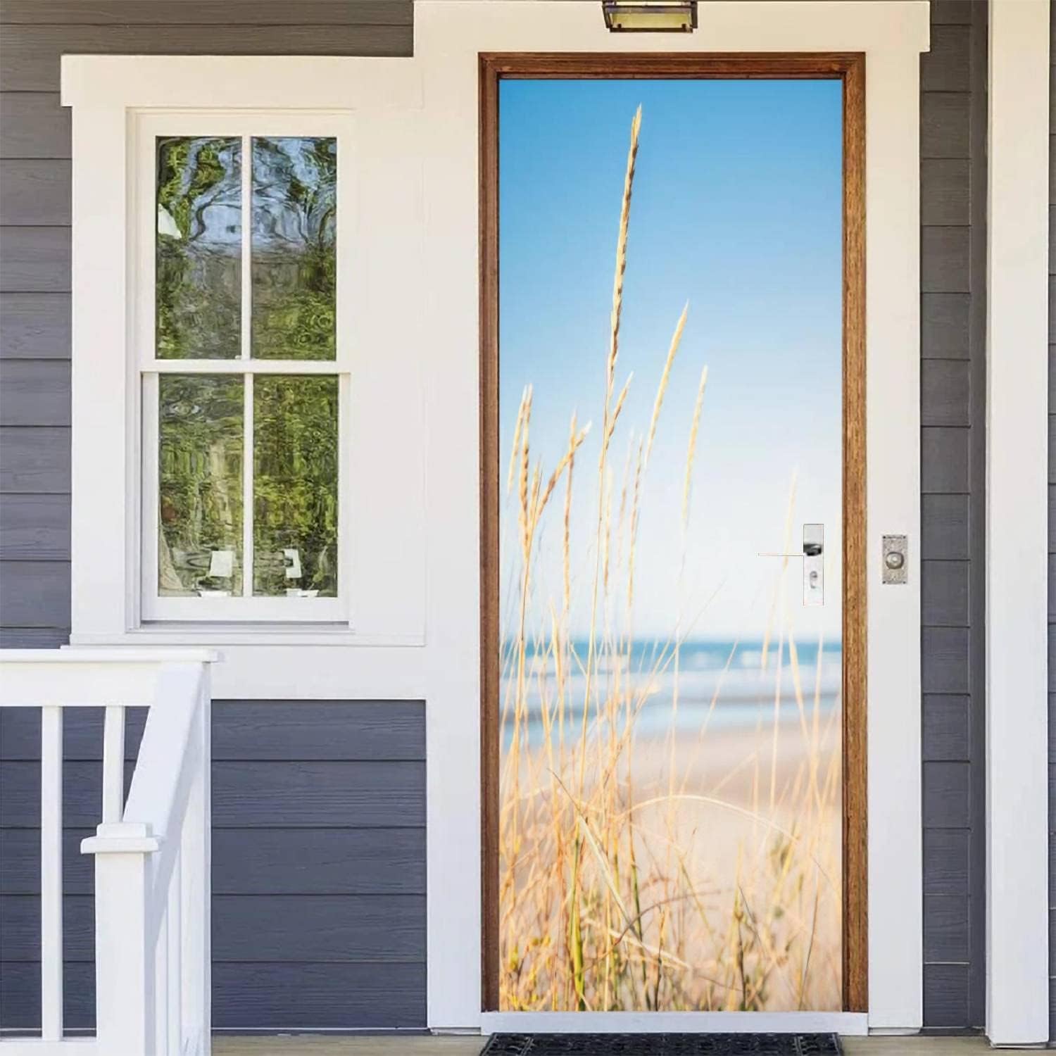 Modern Beach Door Stickers for Interior Doors Reed Grass 3D Door Decals Art Sticker Self Adhesive Door Murals for Bedrooms Living Room Bathroom Home Decor G693?90x210 cm?