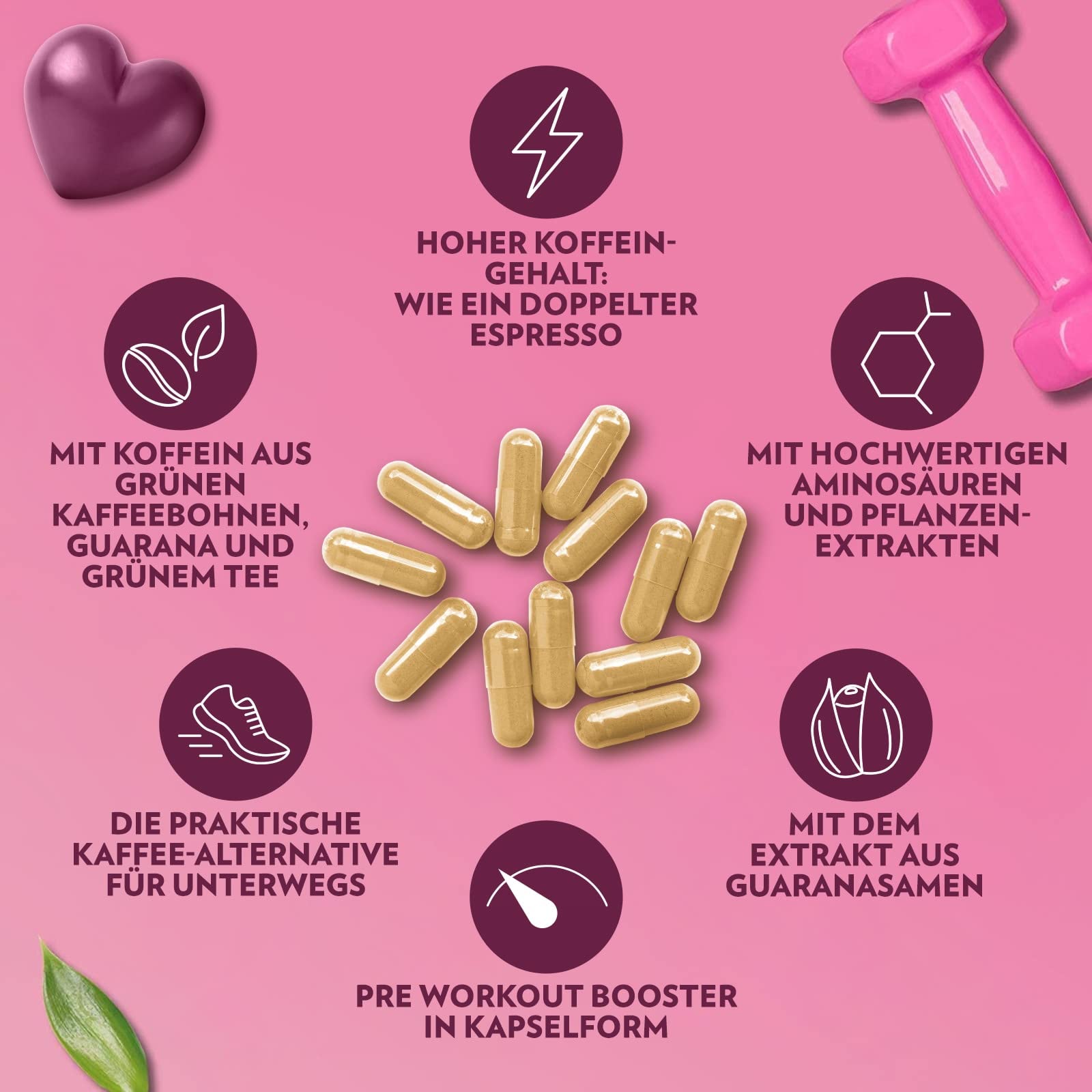 GymQueen Burning Queen 60 Kapseln, mit 42mg Koffein pro Tagesdosis, enthält Garcinia Cambogia-, Guarana- und Grünen Kaffee-Extrakt sowie Aminosäuren, für den extra Koffein-Boost