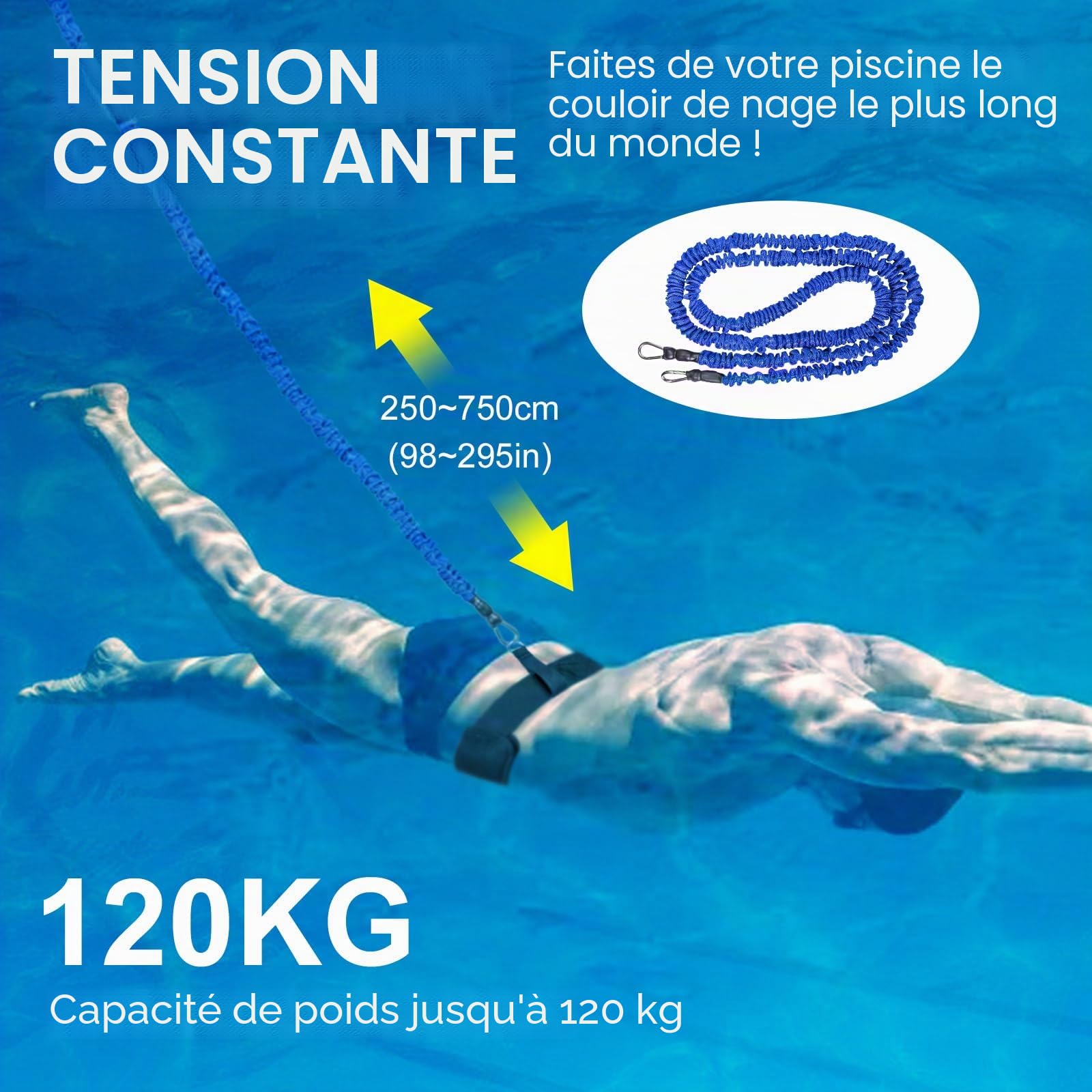 Sangle de Natation pour Piscine - Entraîneur de Natation Professionnel avec résistance réglable de 2,5 à 7,5 m - Ceinture d'entraînement pour Adultes- Entraînement de Piscine sans système