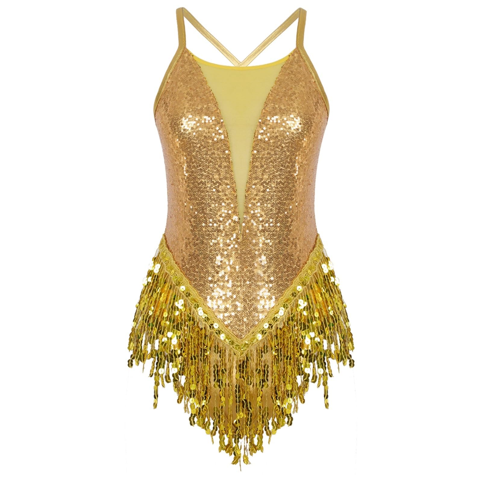 Abbigliamento da Ballo Latino Abito da Ballo Latino Donna Paillettes con Frange Costume da Tango Abito da Competizione Professionale Samba Cha-cha Abito da Spettacolo teatrale(Gold,M)